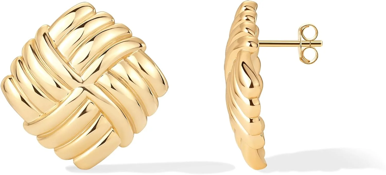 PAVOI 14K Gold Plated Chunky Square Vintage Stud Earrings for Women | Trendy Statement Earrings
