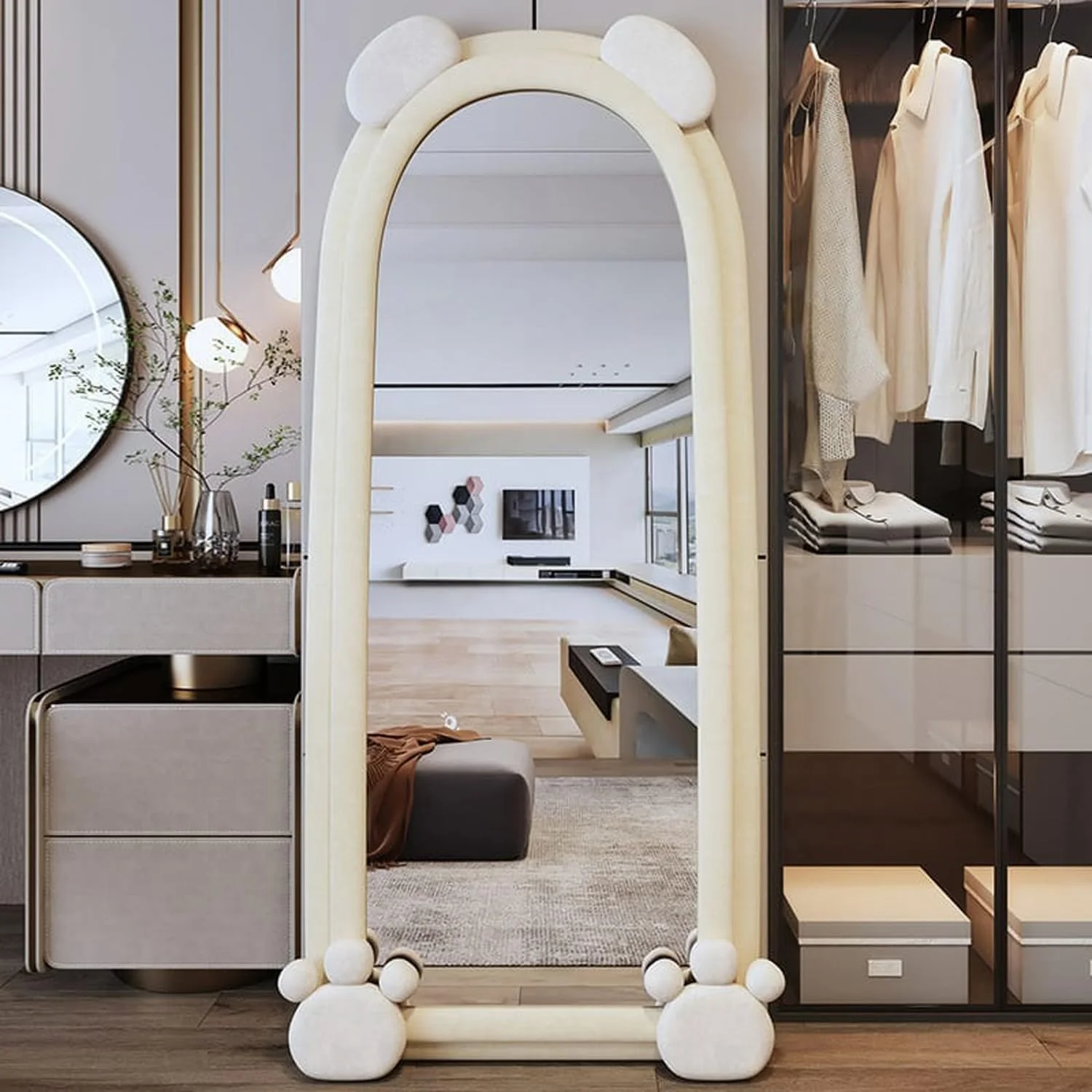 Kutis Vintage Full-Length Wall Mirror – Antique-Style Full Body Mirror with Velvet-Wrapped Wooden Frame for Bedroom & Living Room Décor 60 x 160. (White)