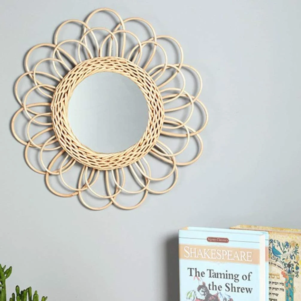 آینه دیواری حصیری YARNOW - آینه آرایشی چوبی با قاب چوبی به سبک بوهو، دکوراتیو، روستیک، مناسب برای عکسبرداری، ابعاد 40x40 سانتی متر