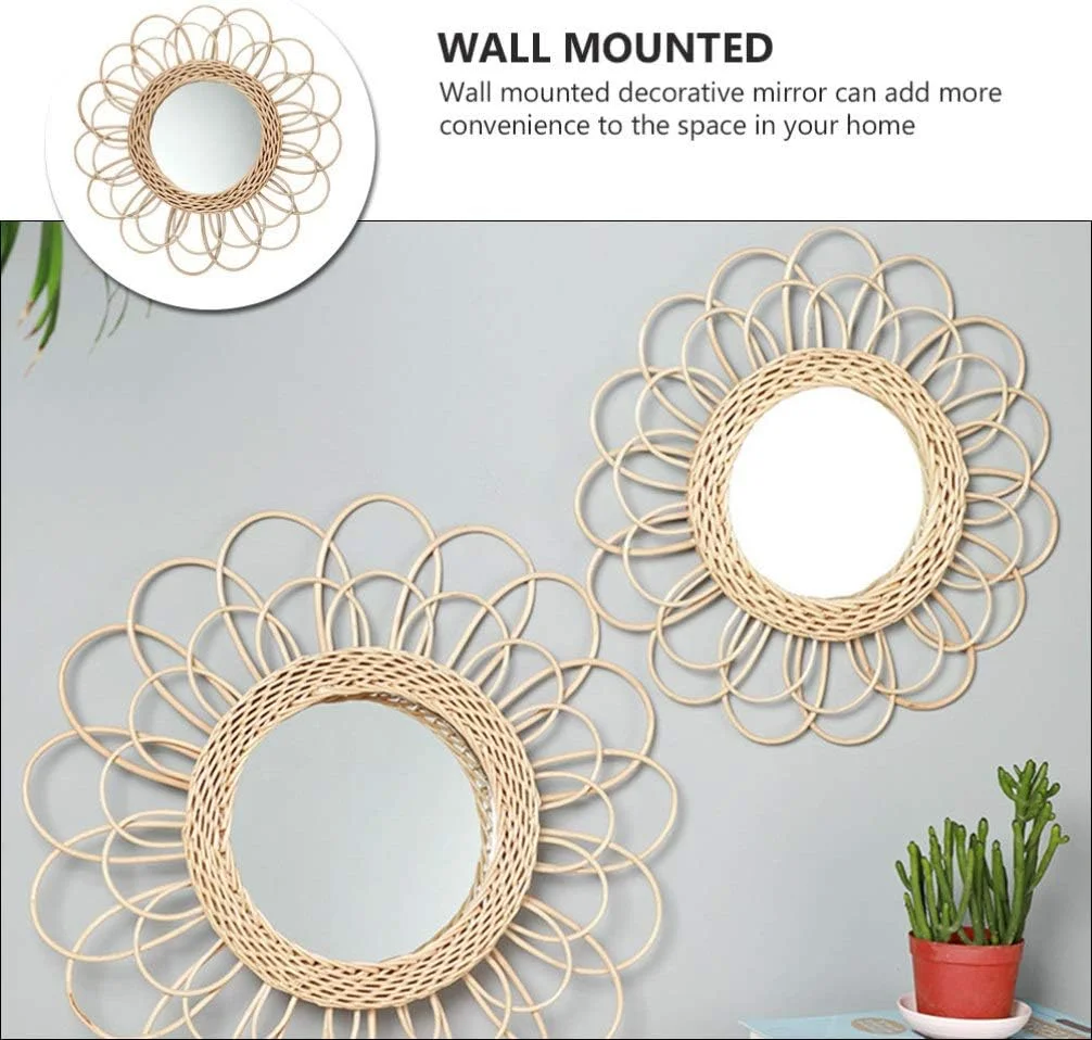 آینه دیواری حصیری YARNOW - آینه آرایشی چوبی با قاب چوبی به سبک بوهو، دکوراتیو، روستیک، مناسب برای عکسبرداری، ابعاد 40x40 سانتی متر