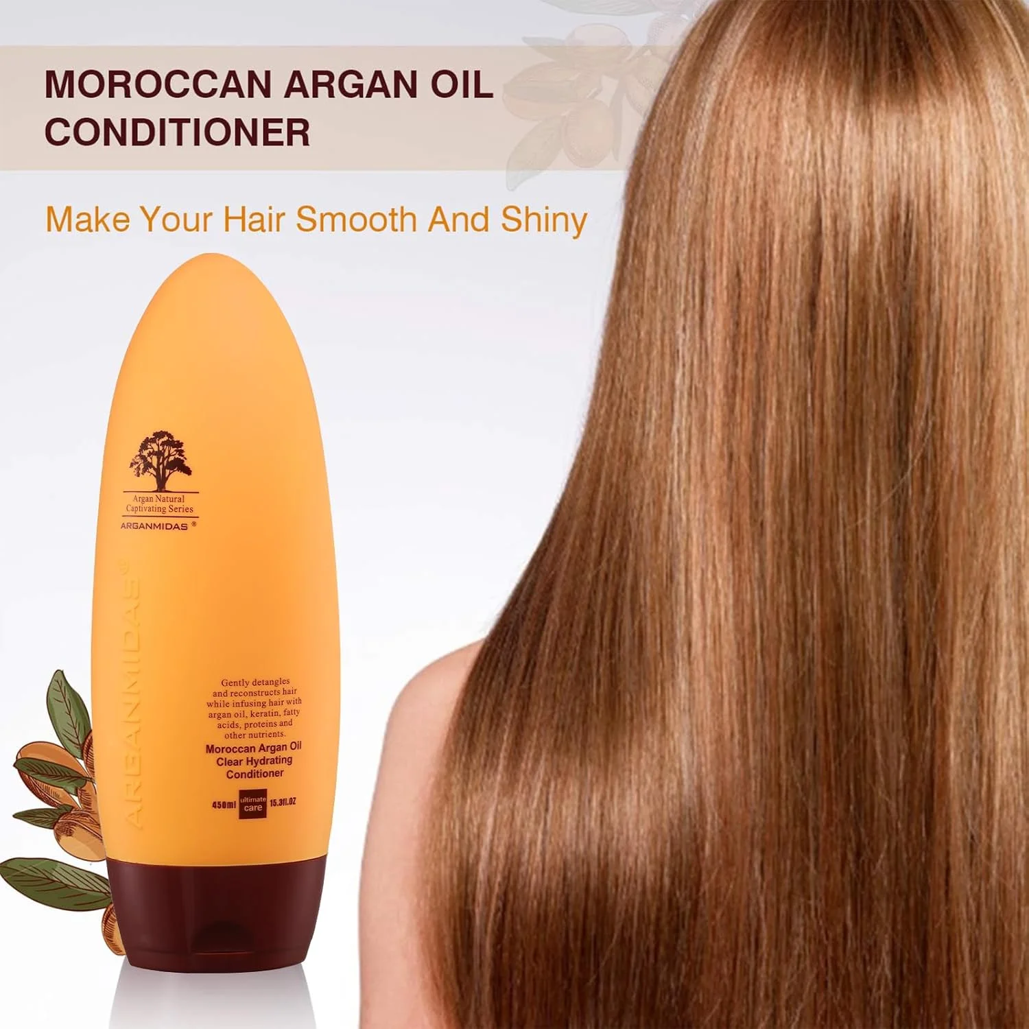 نرم کننده مو آرگان میداس، 450 میلی لیتر، نرم کننده بدون سولفات، نرم کننده آبرسان قوی و شفاف کننده مو، نرم کننده روزانه روغن آرگان برای موهای رنگ شده، موثر