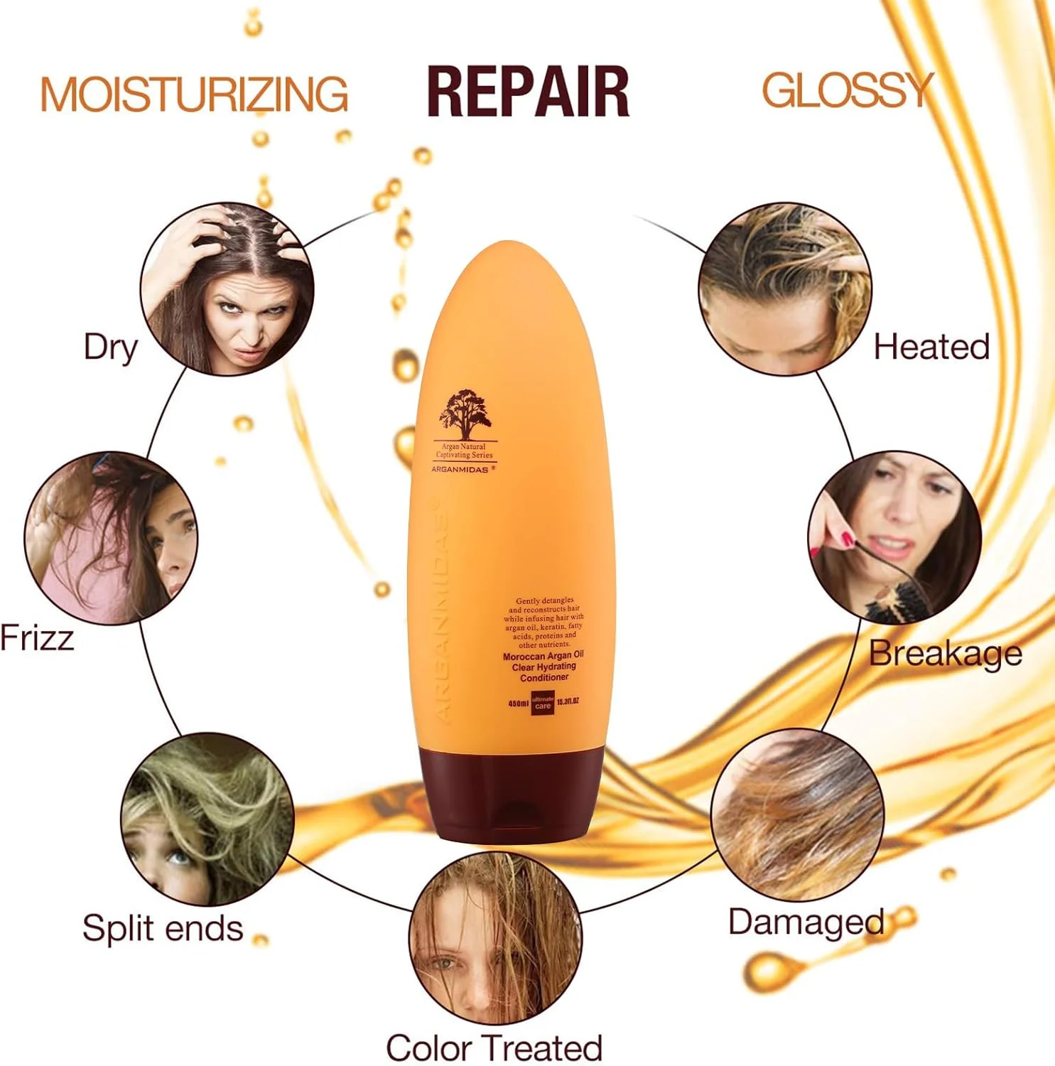 نرم کننده مو آرگان میداس، 450 میلی لیتر، نرم کننده بدون سولفات، نرم کننده آبرسان قوی و شفاف کننده مو، نرم کننده روزانه روغن آرگان برای موهای رنگ شده، موثر