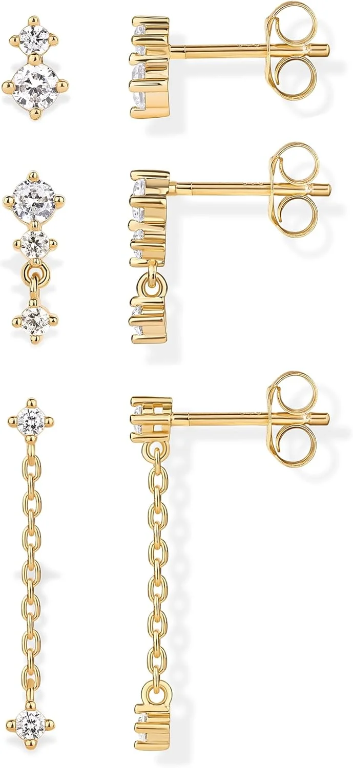 گوشواره های میخی و آویز زنانه با روکش طلای 14 عیار پاوی | ست 3 تایی گوشواره های زیرکونیا