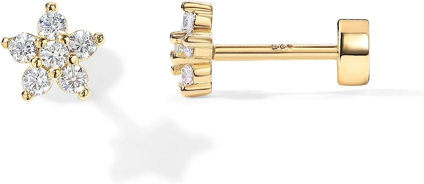 گوشواره های میخی پشت صاف با روکش طلای 14 عیار و پایه نقره استرلینگ 925 پاوی برای زنان | پیرسینگ غضروف هلیکس | گوشواره های زیرکونیا مکعبی