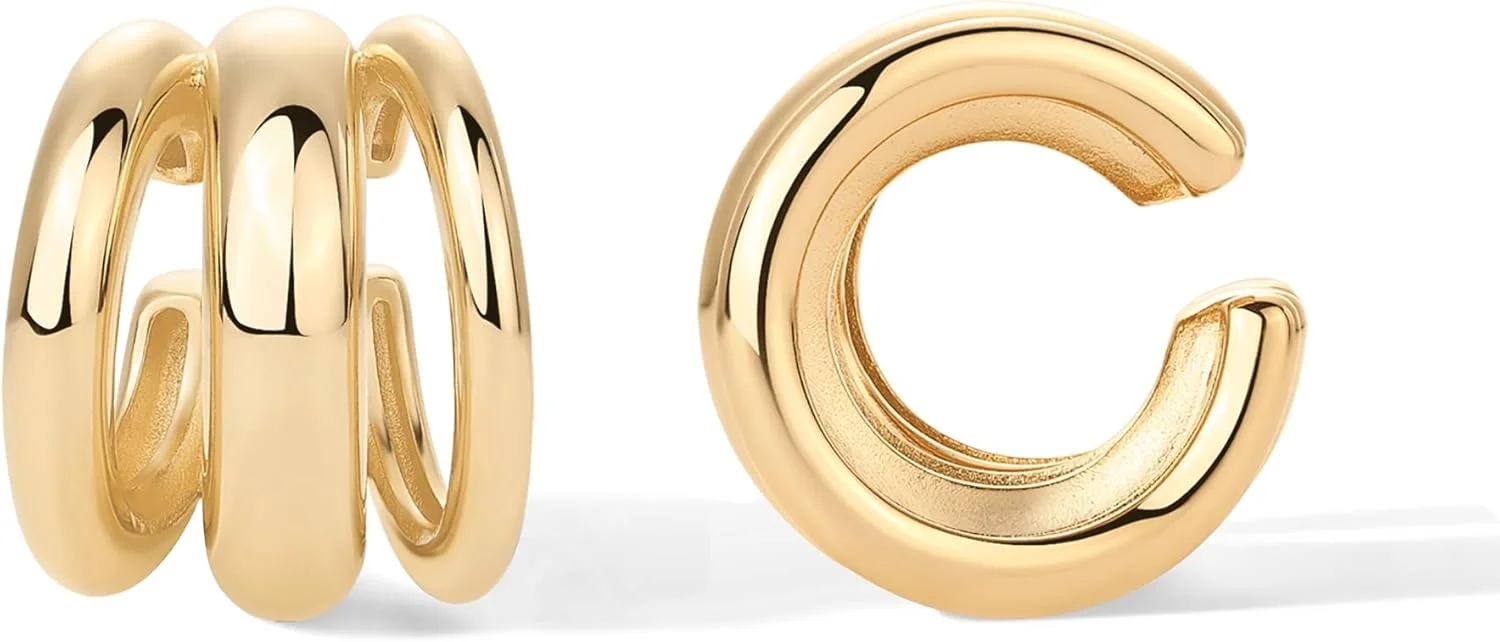 گوشواره های کاف گوشی حجیم روکش طلای 14 عیار PAVOI برای زنان - گوشواره های بیانیه کاف سه گانه