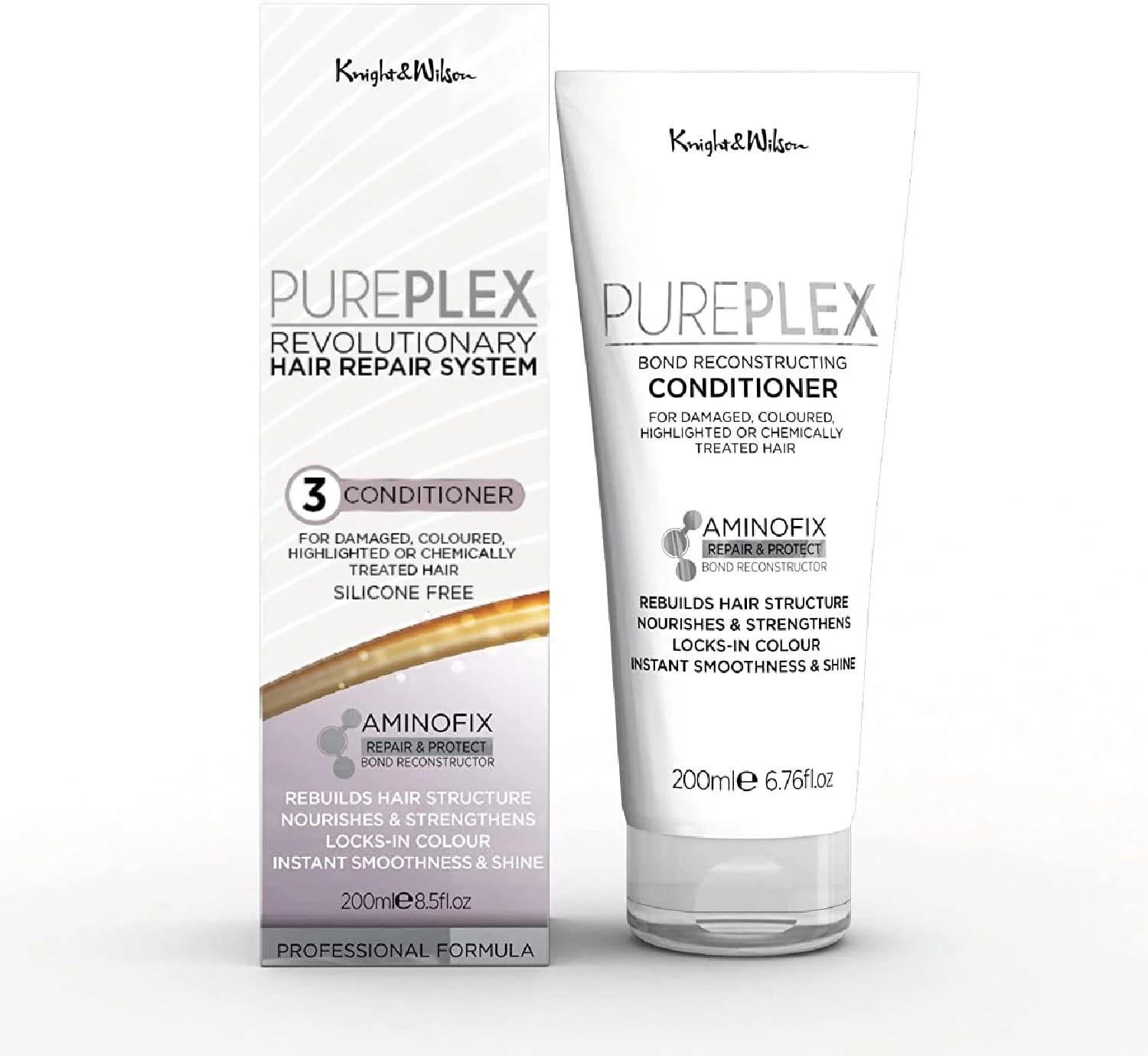 نرم کننده بازسازی کننده پیوند مو نایت اند ویلسون PurePlex حجم 200 میلی لیتر - فرمول حرفه ای تغذیه و بازسازی کننده - حاوی آمینوفیکس برای محافظت و ترمیم