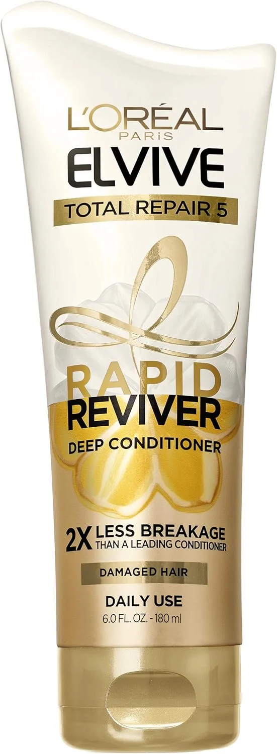 نرم کننده عمیق مو لورآل پاریس Elvive Total Repair 5 Rapid Reviver، ترمیم کننده موهای آسیب دیده، بدون نیاز به مکث، محافظ حرارت، حاوی سرم ترمیم کننده و پروتئین، سفید، 6 Fl Oz (بسته 1 عددی)