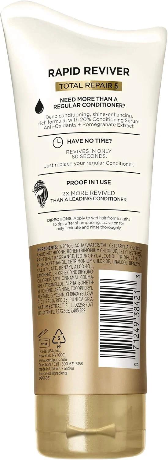 نرم کننده عمیق مو لورآل پاریس Elvive Total Repair 5 Rapid Reviver، ترمیم کننده موهای آسیب دیده، بدون نیاز به مکث، محافظ حرارت، حاوی سرم ترمیم کننده و پروتئین، سفید، 6 Fl Oz (بسته 1 عددی) نرم کننده عمیق مو لورآل پاریس Elvive Total Repair 5 Rapid Reviver، ترمیم کننده موهای آسیب دیده، بدون نیاز به مکث، محافظ حرارت، حاوی سرم ترمیم کننده و پروتئین، سفید، 6 Fl Oz (بسته 1 عددی)