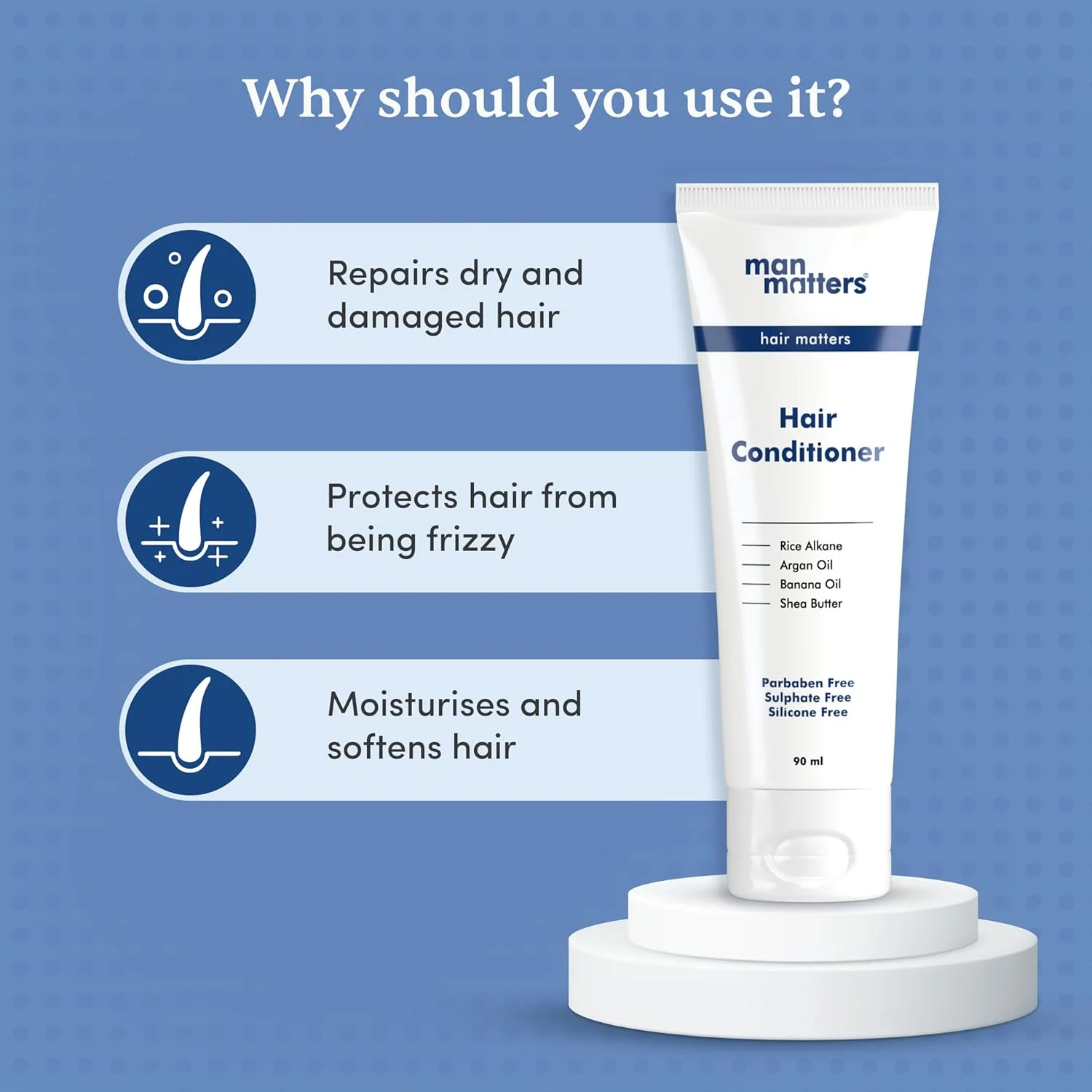 نرم کننده مو آقایان من matters حجم 90 میلی لیتر | حاوی آلکان برنج، روغن موز، شی باتر و روغن آرگان | ترمیم کننده موهای خشک و آسیب دیده، کاهش وز و مرطوب کننده مو | فاقد سولفات و پارابن