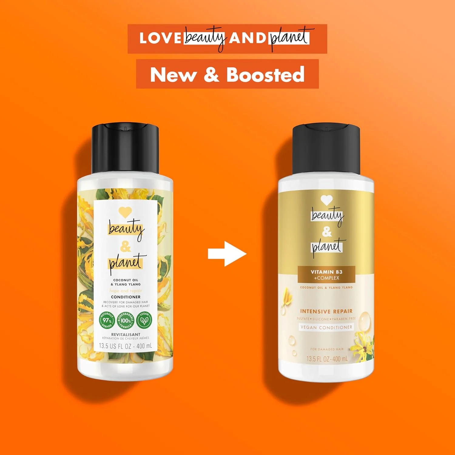 نرم کننده مو لاو بیوتی اند پلنت حاوی ویتامین B3، روغن نارگیل و یلانگ یلانگ برای ترمیم فشرده موهای آسیب دیده، بدون سولفات، سیلیکون و پارابن. بدون تست حیوانی. 400 میلی لیتر