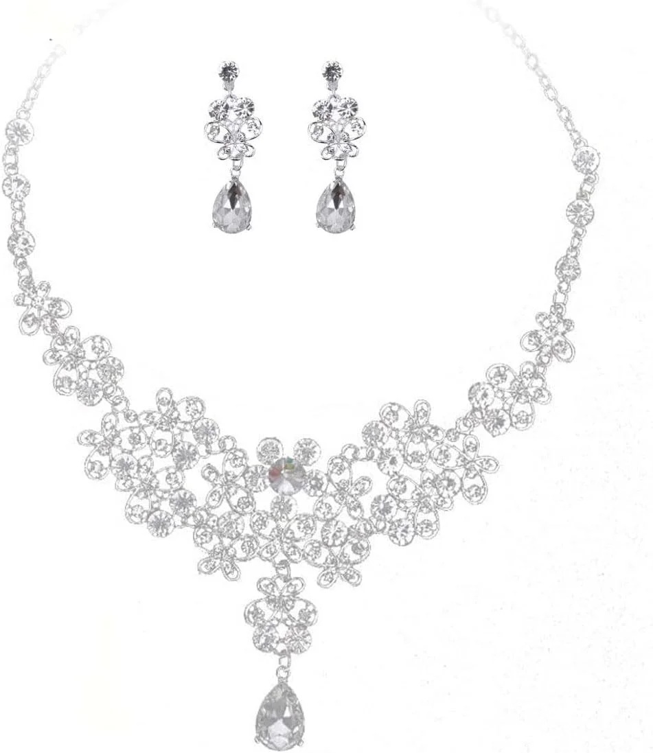 ست جواهرات عروس کریستالی لوکس Excefore برای لباس عروسی، مهمانی رقص، ست جواهرات عروس کریستالی زنانه شامل تاج، گردنبند و گوشواره های نگین دار، هدیه مناسب ساقدوش عروس