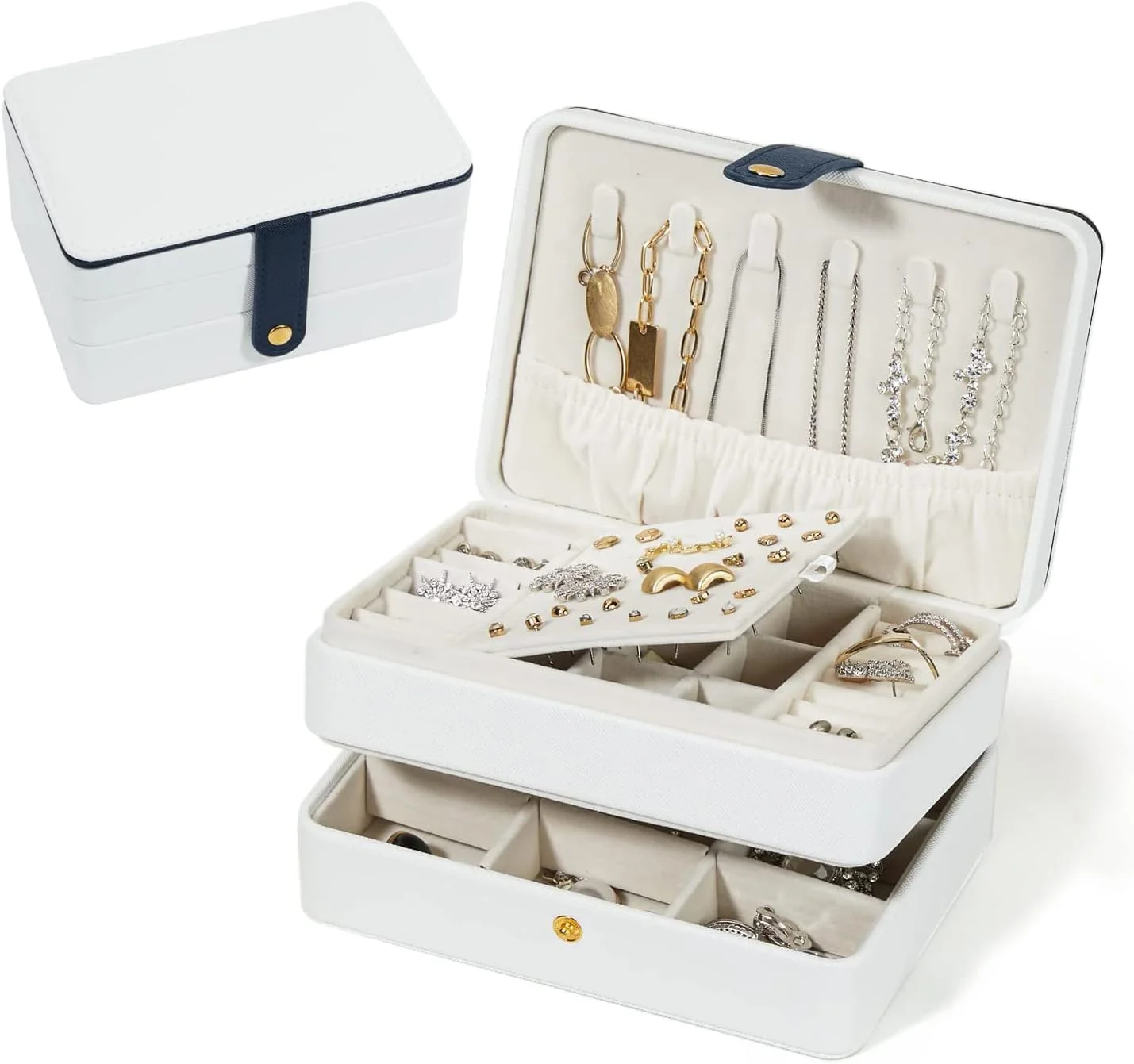 جعبه جواهرات مسافرتی اکسفور، جعبه جواهرات چرمی PU قابل حمل برای زنان و دختران، جعبه جواهرات مسافرتی کوچک دو لایه برای گوشواره های میخی، انگشتر، گردنبند، دستبند، سفید