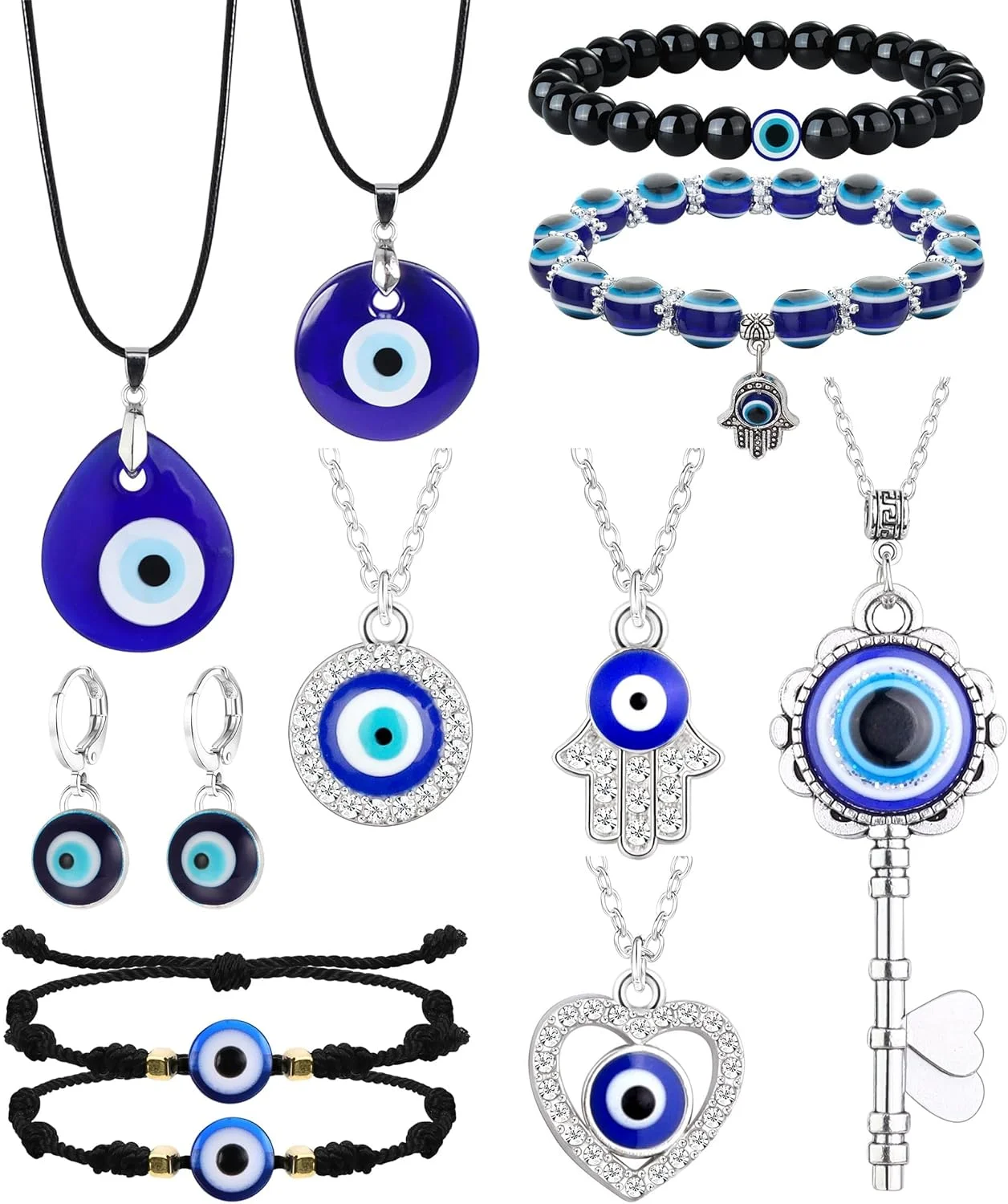 اکسفور 11 تکه ست گردنبند چشم نظر زنانه مردانه با طناب چرمی، گوشواره چشم نظر، دستبند محافظ و آویزهای چشم نظر