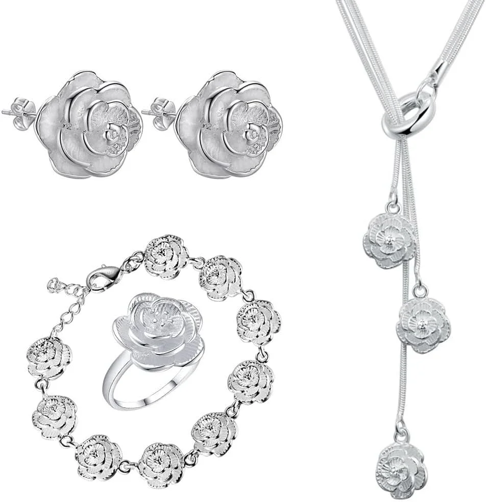 ست جواهرات زنانه، روکش نقره 925، طراحی گل و منگوله به سبک ایتالیایی، شامل گردنبند زنجیری، دستبند و گوشواره، هدیه ای شیک برای تولد، سالگرد، عروسی، مادر، همسر، دوست