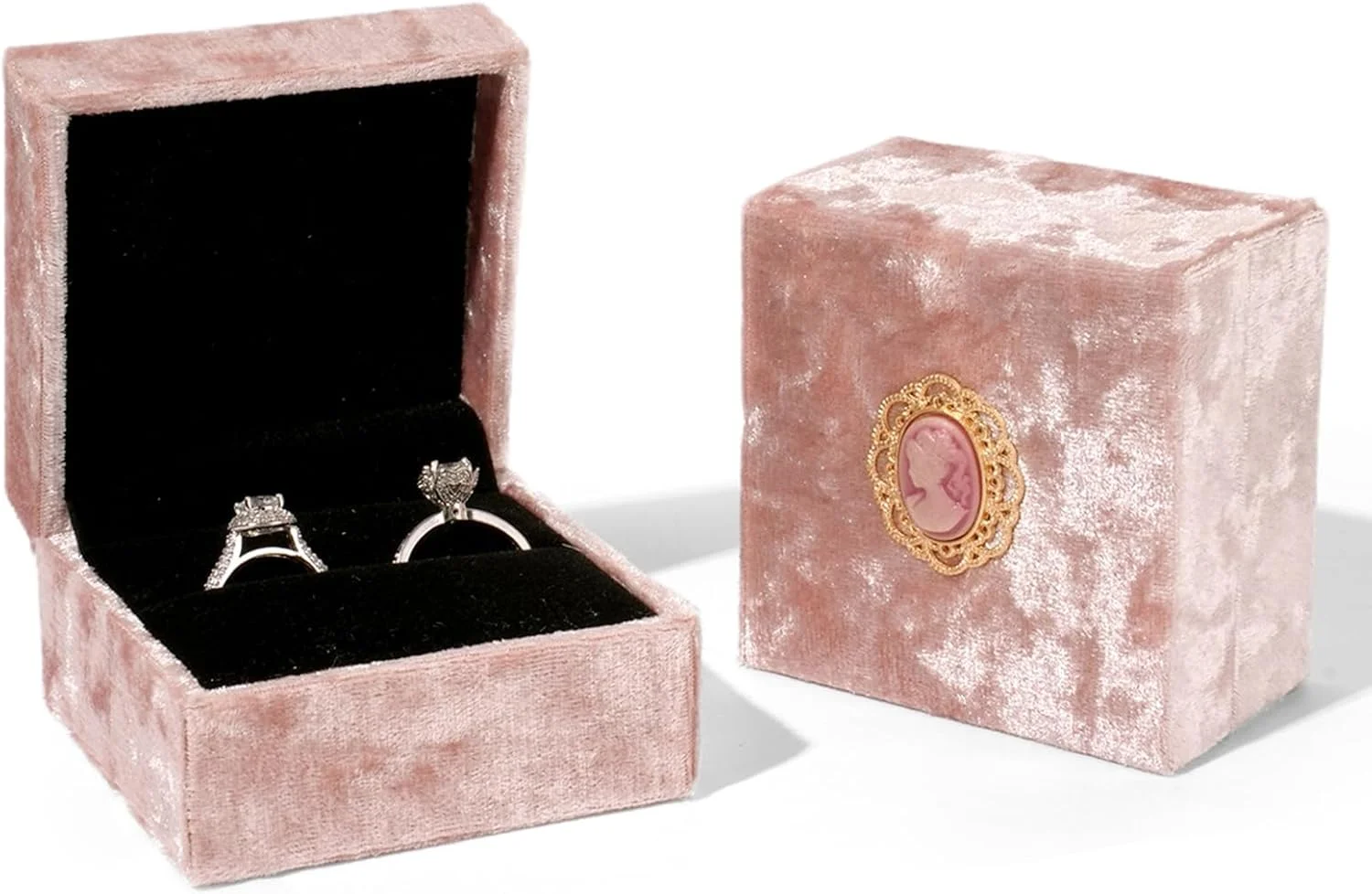 جعبه انگشتر جواهرات مخملی، جعبه انگشتر دوتایی، جعبه انگشتر دوتایی زنانه قدیمی برای انگشتر، گوشواره، جعبه نمایشگر نگهداری جواهرات، جعبه هدیه جواهرات برای پیشنهاد، مراسم، سالگرد، تولد - صورتی