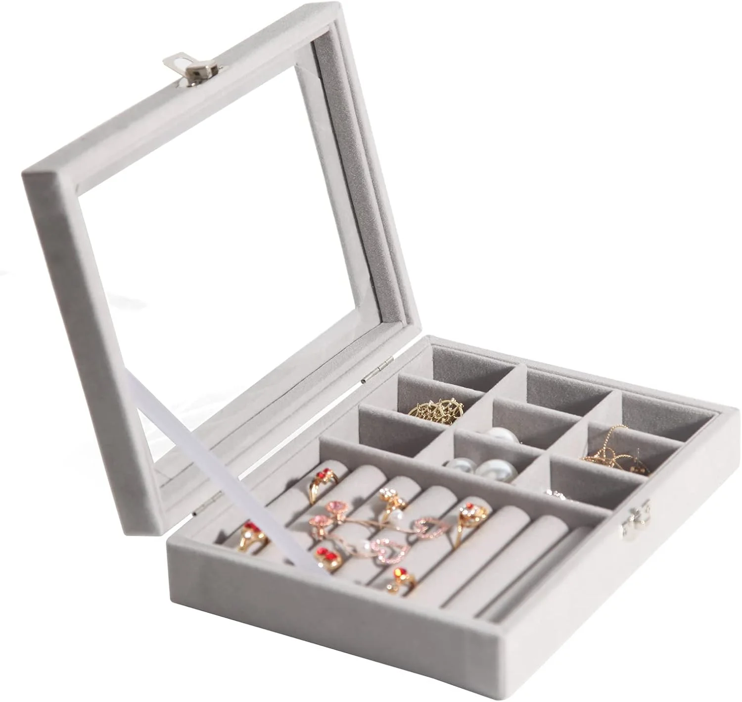 جعبه جواهرات Excefore برای زنان و دختران، جعبه بزرگ نگهداری جواهرات مردانه، نگهدارنده جواهرات ویترینی با سینی قابل جابجایی برای گردنبند، گوشواره، انگشتر، دستبند، هدیه وینتیج، خاکستری