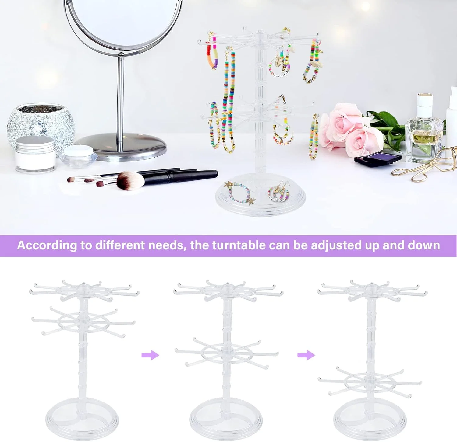 استند نمایش جواهرات اکسفور، دو لایه چرخان، سازمان دهنده نفیس فلزی گوشواره دستبند گردنبند، برای دختران و زنان