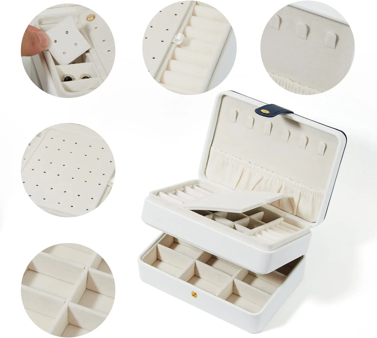 جعبه جواهرات مسافرتی اکسفور، جعبه جواهرات چرمی PU قابل حمل برای زنان و دختران، جعبه جواهرات مسافرتی کوچک دو لایه برای گوشواره های میخی، انگشتر، گردنبند، دستبند، سفید