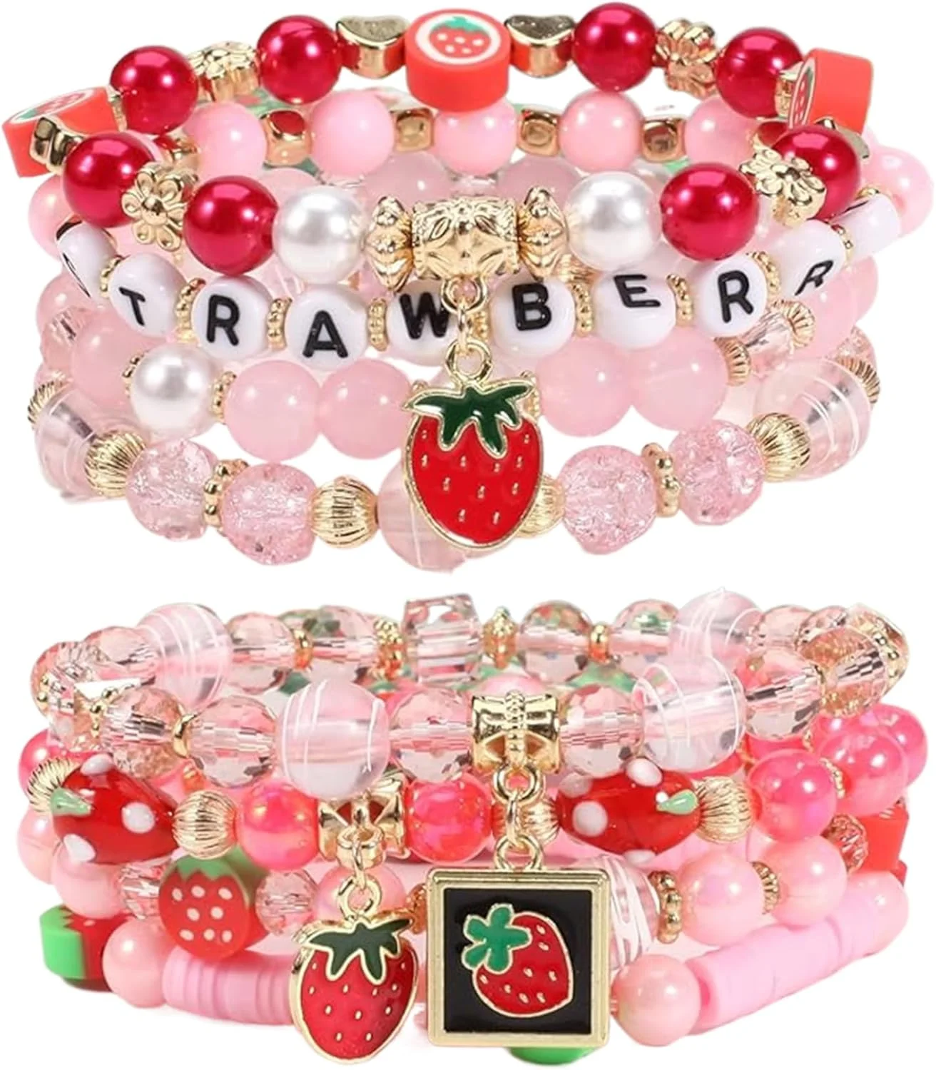 دستبند کریستالی اکسفور با آویز کارتونی، 2 عدد دستبند مهره ای کشسان کارتونی زیبا مرواریدی کاوائی، دستبند آویز با تم توت فرنگی هدیه ای برای دختران نوجوان، کودکان، هالووین، تولد