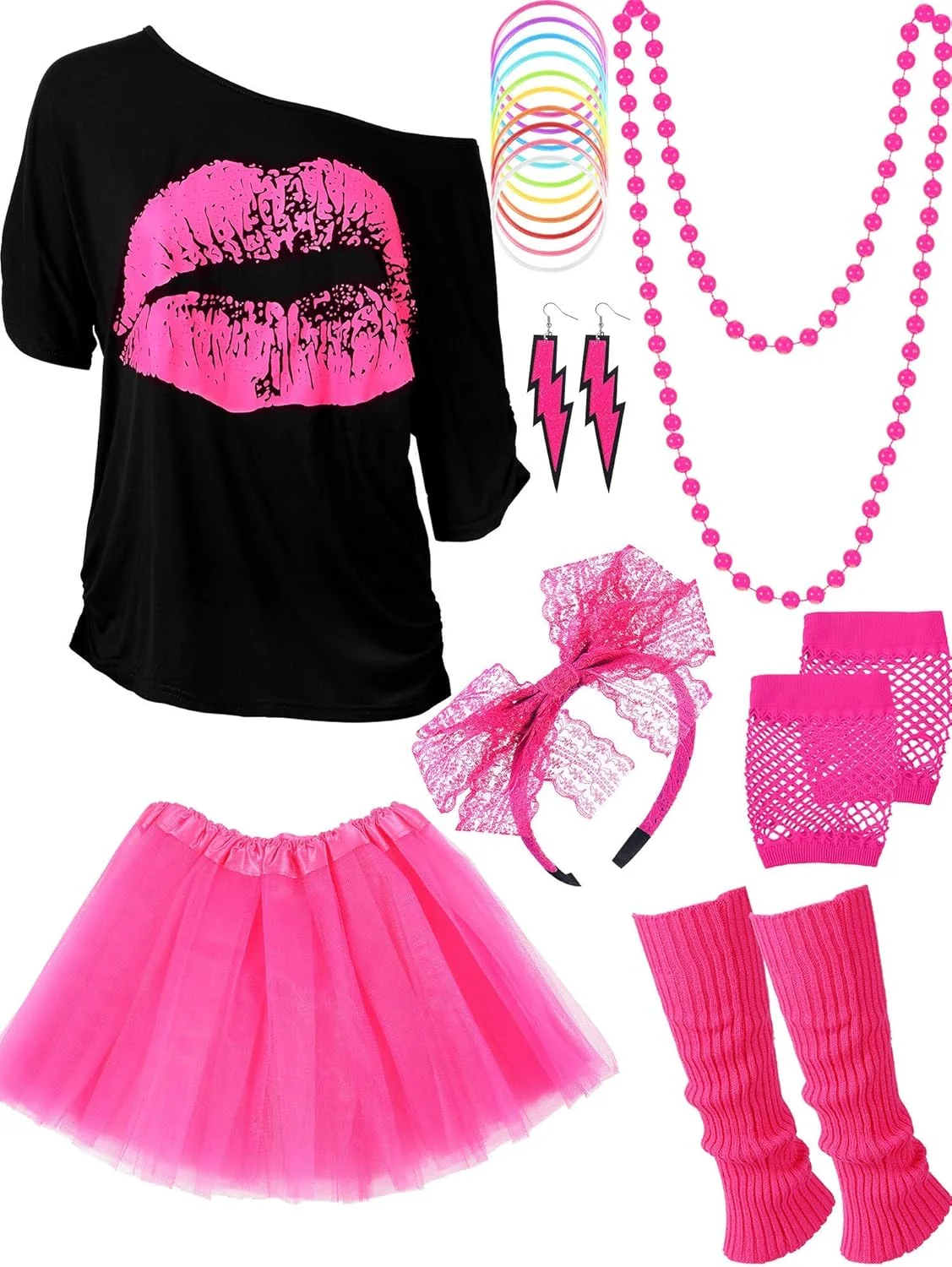 ست لوازم جانبی لباس زنانه دهه 80 Excefore، تی شرت طرح لب، دامن توتو بزرگسال، هدبند توری، گوشواره های نئون، گردنبند، ساق گرمکن، دستکش های توری، دستبند (قرمز رز، XL)