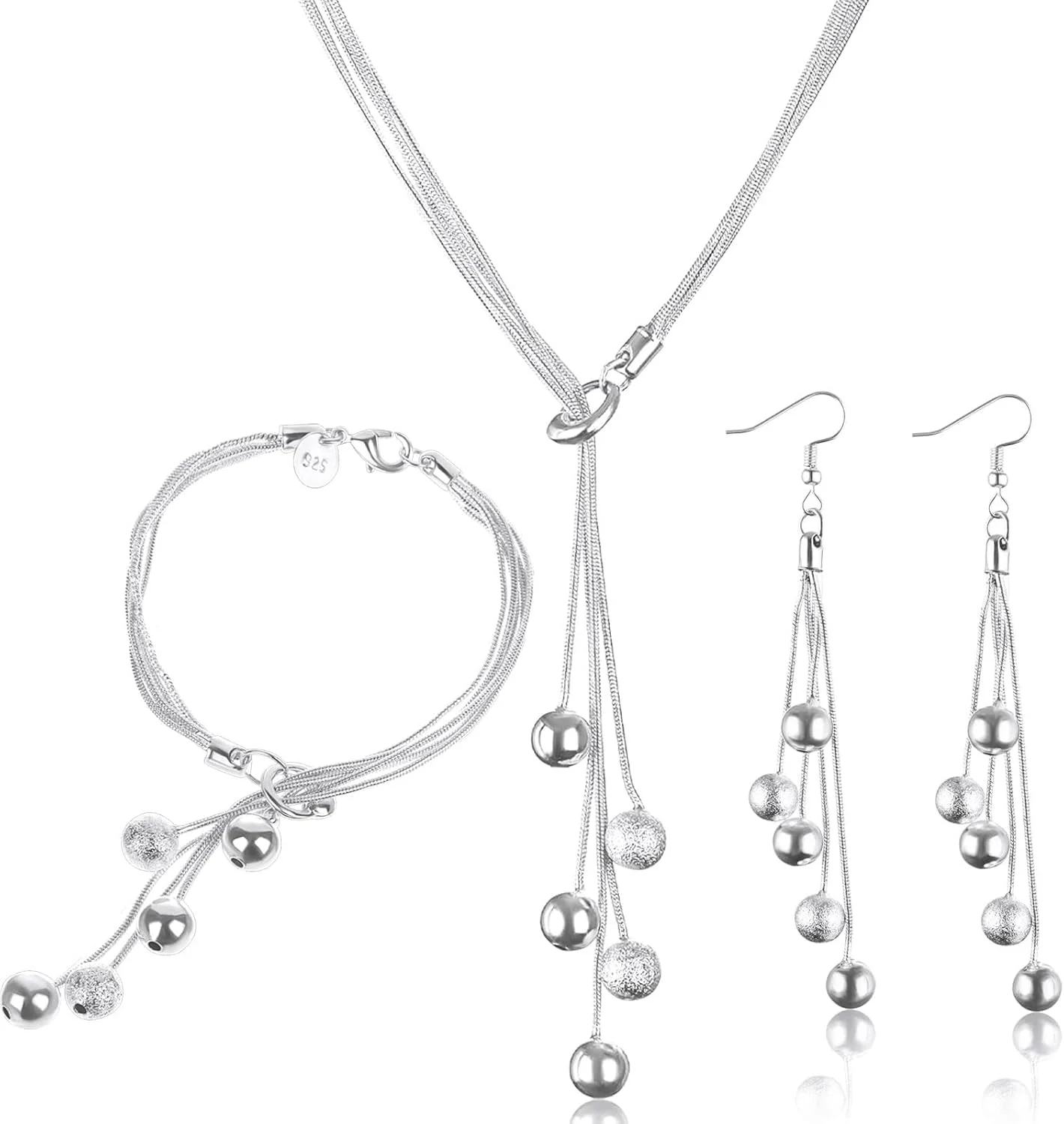ست جواهرات زنانه، گردنبند نقره 925، دستبند و گوشواره، طراحی آویز منگوله ای مات ایتالیایی، هدیه جواهرات برای تولد، سال نو، سالگرد، روز عروسی، دختر، مادر، همسر، دوست