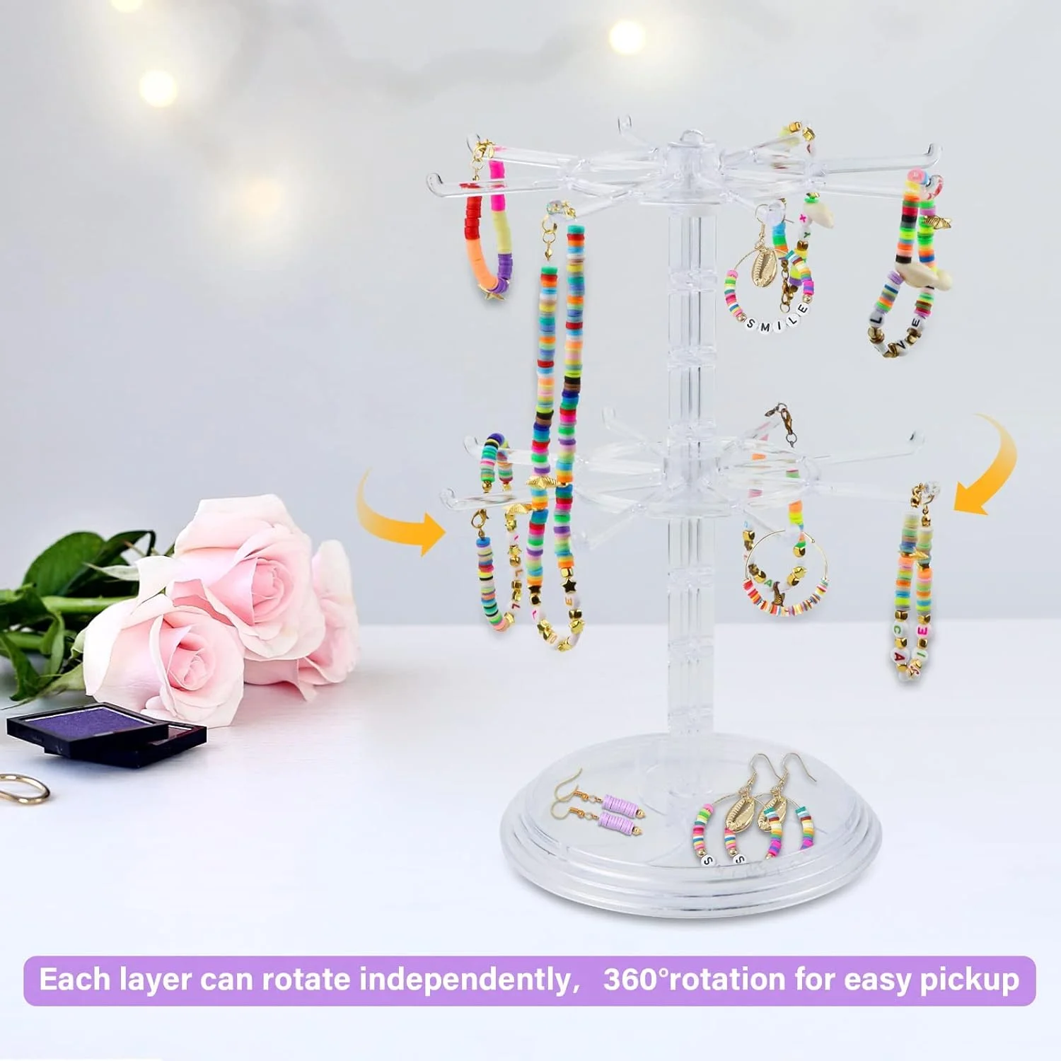 استند نمایش جواهرات اکسفور، دو لایه چرخان، سازمان دهنده نفیس فلزی گوشواره دستبند گردنبند، برای دختران و زنان