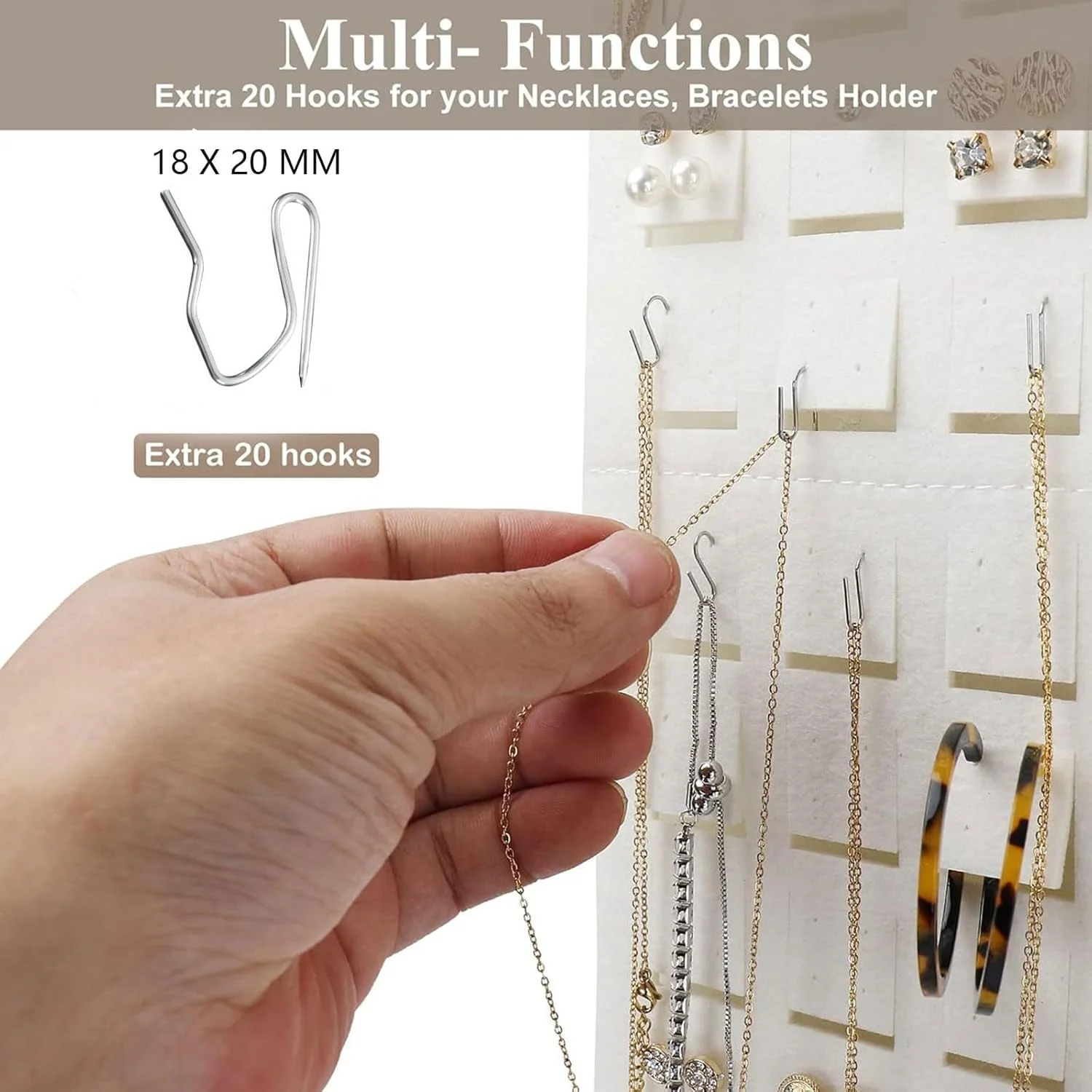 نگهدارنده جواهرات چند منظوره با 20 قلاب فلزی – آویز نمدی برای نگهداری گوشواره، گردنبند، انگشتر، عینک آفتابی و کش مو – تخته نمایش لوازم جانبی نصب شده روی دیوار برای زنان و دختران نگهدارنده جواهرات چند منظوره با 20 قلاب فلزی – آویز نمدی برای نگهداری گوشواره، گردنبند، انگشتر، عینک آفتابی و کش مو – تخته نمایش لوازم جانبی نصب شده روی دیوار برای زنان و دختران