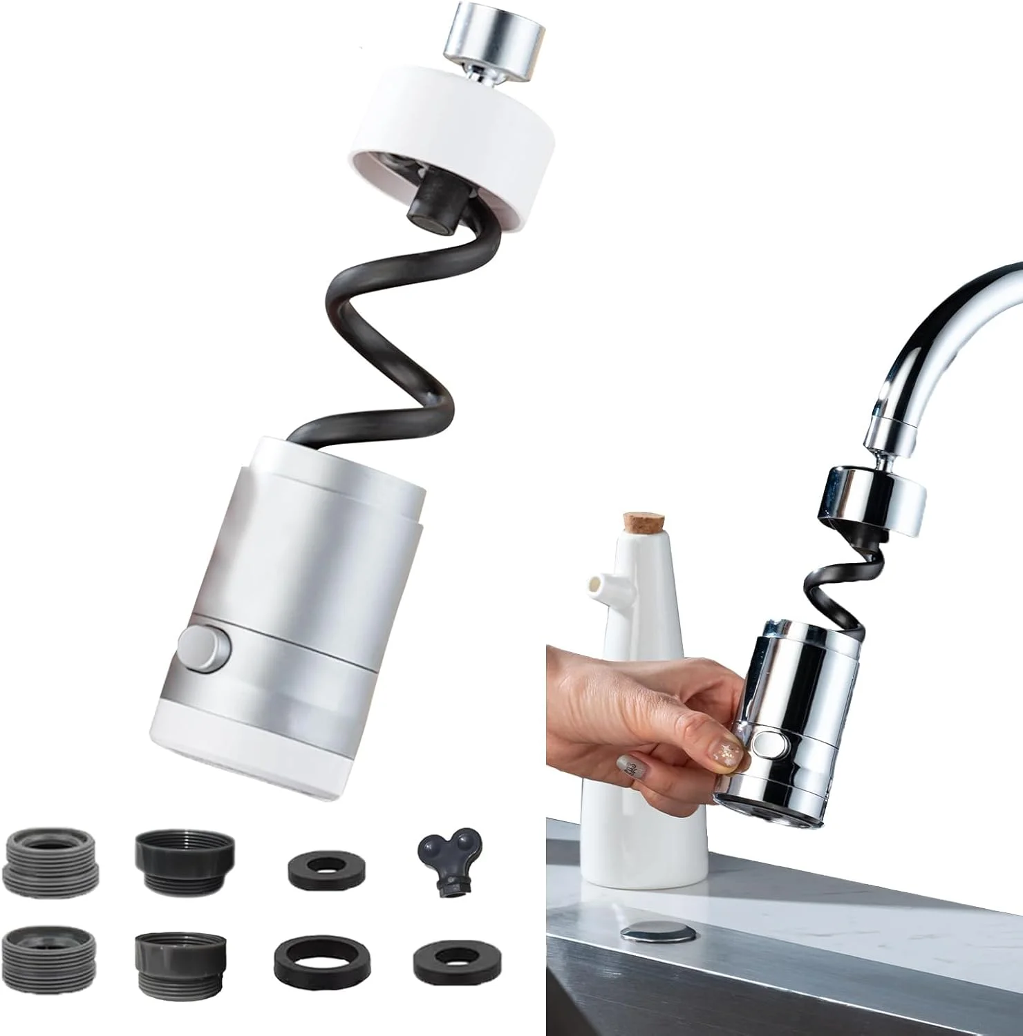 سری آبپاش شیر آشپزخانه، چرخش 360 درجه و افزایش دهنده طول شیر برای سینک ظرفشویی، لوازم جانبی اسپری کننده هواکش شیر، اتصال آداپتور شیر جهانی (نقره ای) سری آبپاش شیر آشپزخانه، چرخش 360 درجه و افزایش دهنده طول شیر برای سینک ظرفشویی، لوازم جانبی اسپری کننده هواکش شیر، اتصال آداپتور شیر جهانی (نقره ای)