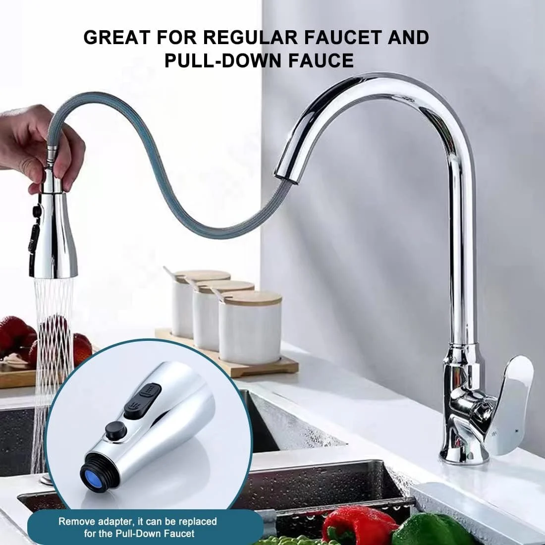 سری شیر آشپزخانه یونیورسال AXIYIBZI، قطعات جایگزین سردوش سینک - سردوش کشویی با زاویه بزرگ و چرخان ضد پاشش برای شیرهای معمولی و کشویی - شامل آداپتور