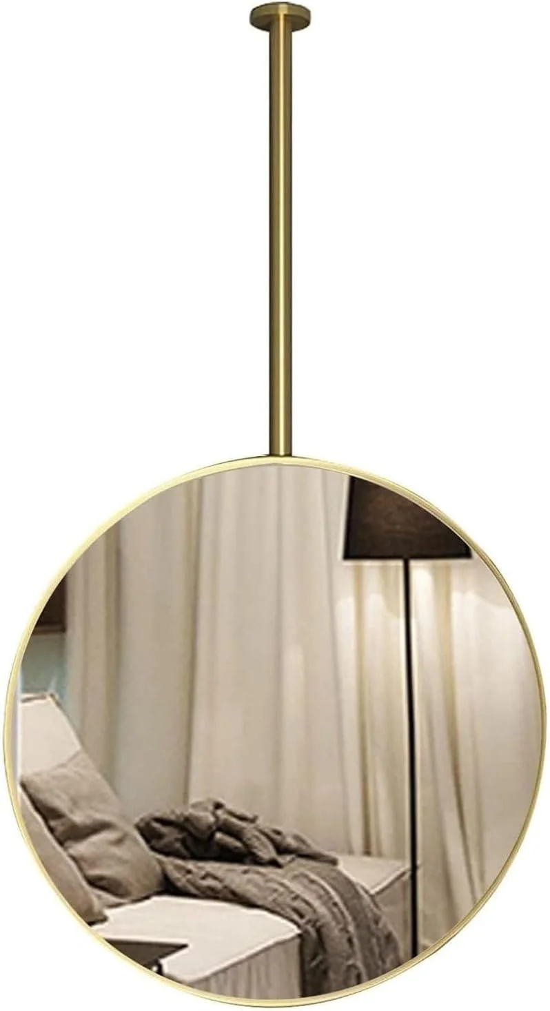 آینه گرد معلق سقفی XLTFUC با قاب فلزی و میله آویز برای سرویس بهداشتی، ورودی، فروشگاه، آینه تزئینی بزرگ آویزان حمام (طلایی، 70 سانتی متر)