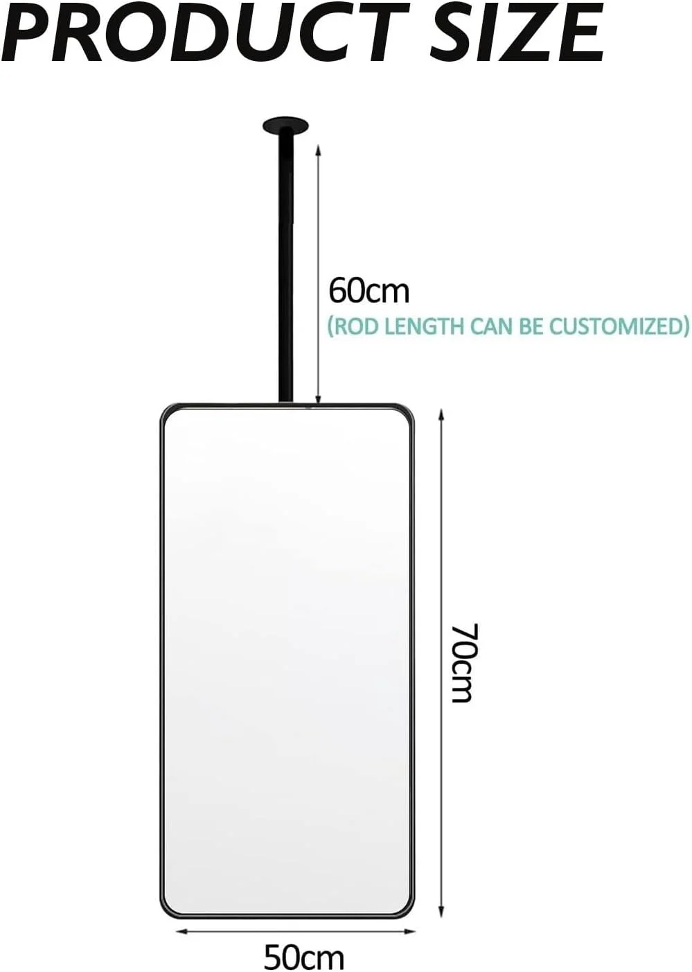 آینه معلق مستطیلی آویز سقفی XLTFUC، آینه تزئینی بزرگ معلق حمام، مناسب برای خانه یا هتل (مشکی، 50cmx70cm)
