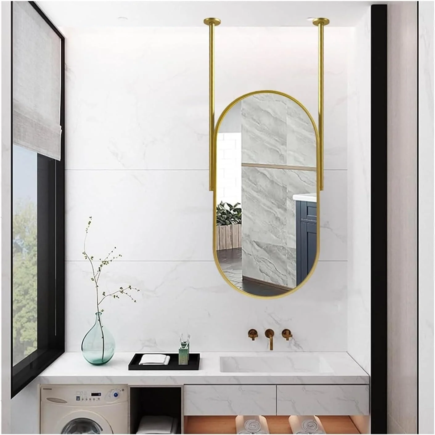 آینه بیضی شکل دیواری XLTFUC با قاب فلزی، مناسب برای نصب سقفی آینه تزئینی بالای سینک، برای سرویس بهداشتی، ورودی، فروشگاه (60x90 سانتی متر)