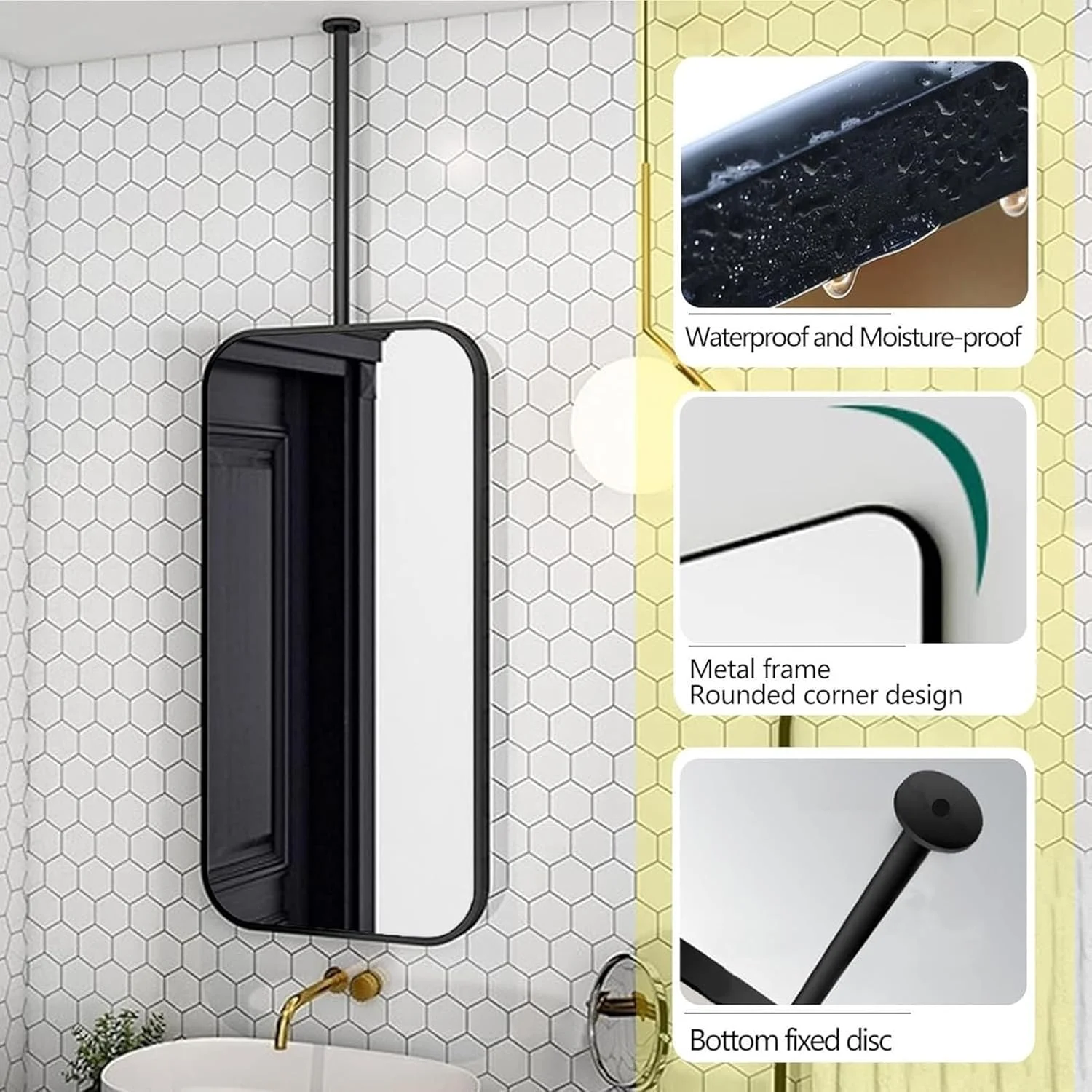 آینه معلق مستطیلی آویز سقفی XLTFUC، آینه تزئینی بزرگ معلق حمام، مناسب برای خانه یا هتل (مشکی، 50cmx70cm)