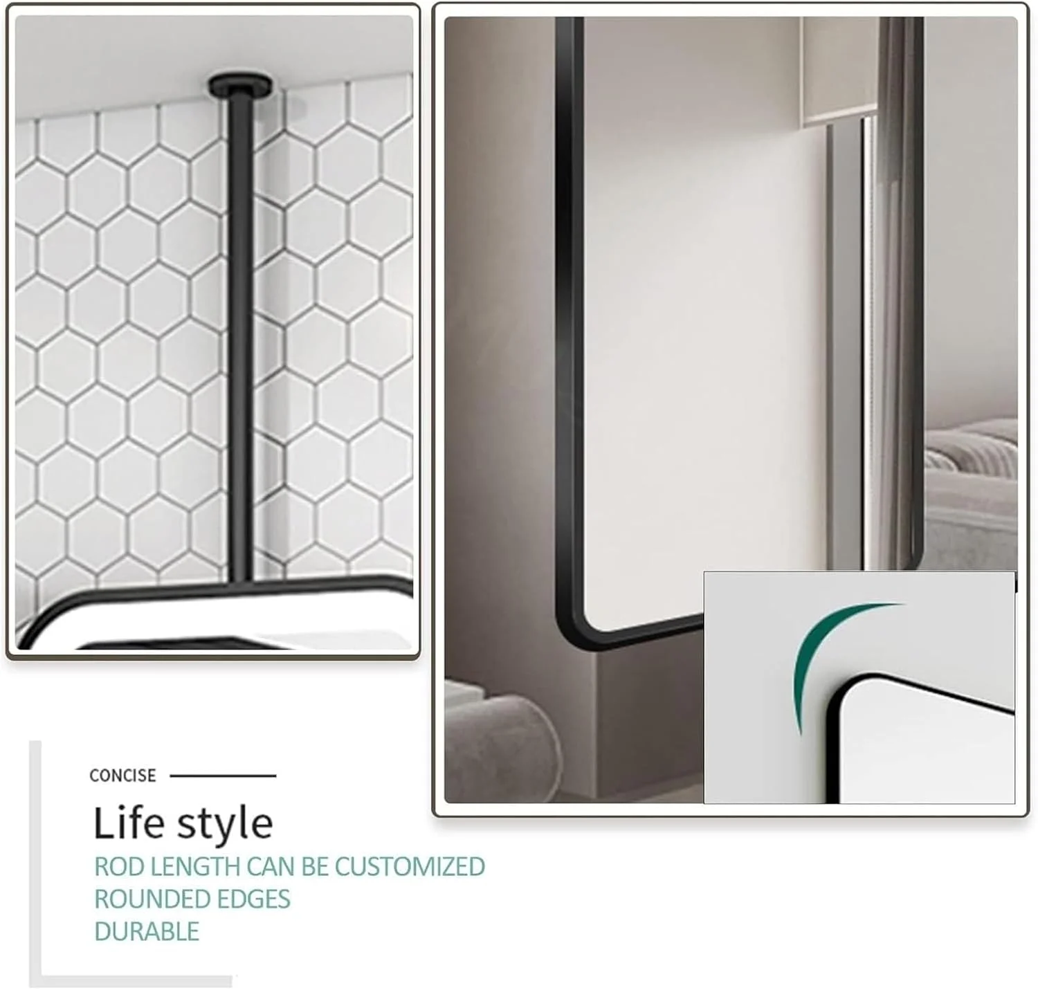 آینه معلق مستطیلی آویز سقفی XLTFUC، آینه تزئینی بزرگ معلق حمام، مناسب برای خانه یا هتل (مشکی، 50cmx70cm)