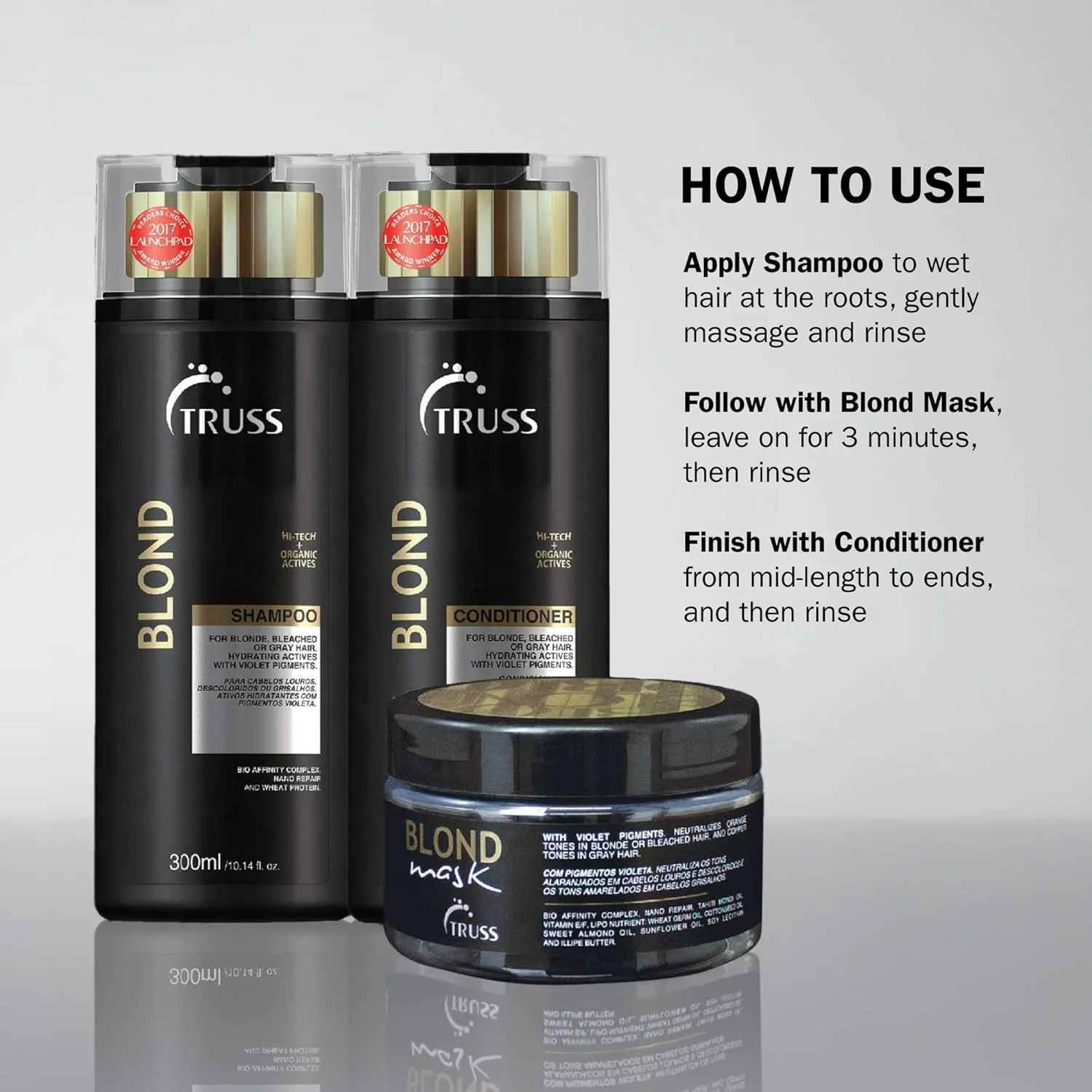 نرم کننده مو بلوند تروس - مواد فعال ارگانیک Hi Tech - برای موهای بلوند، دکلره شده یا خاکستری - مواد آبرسان با رنگدانه های بنفش - ترمیم نانو - پروتئین گندم و کره ایلیپه - 300 میلی لیتر