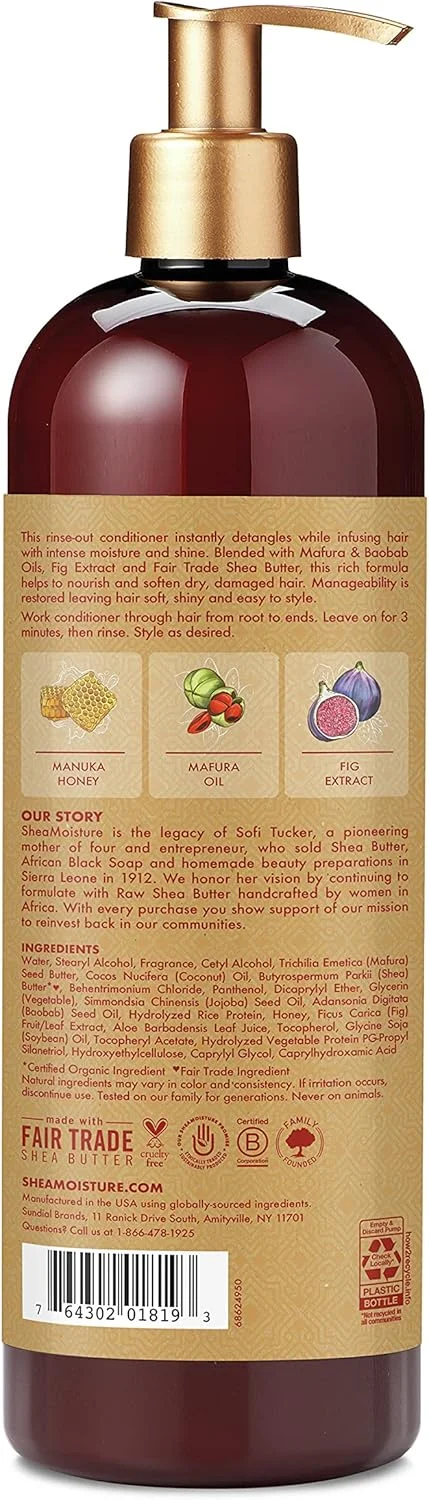 نرم کننده آبرسان قوی موهای خشک و آسیب دیده Shea Moisture حاوی عسل مانوکا و روغن مافورا، نرم کننده عمیق آبرسان 710 میلی لیتر