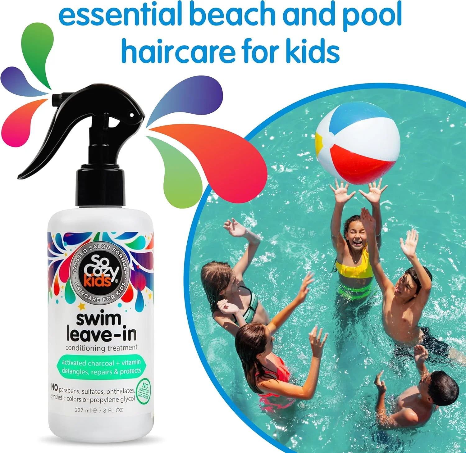 نرم کننده و درمان مو بعد از شنا سو کوزی حاوی زغال فعال، محافظت و ترمیم کننده موهای آسیب دیده ناشی از مواد شیمیایی استخر، آب شور و آفتاب، رایحه لیمو، 236 میلی لیتر، سفید، شنا (توقف تولید)