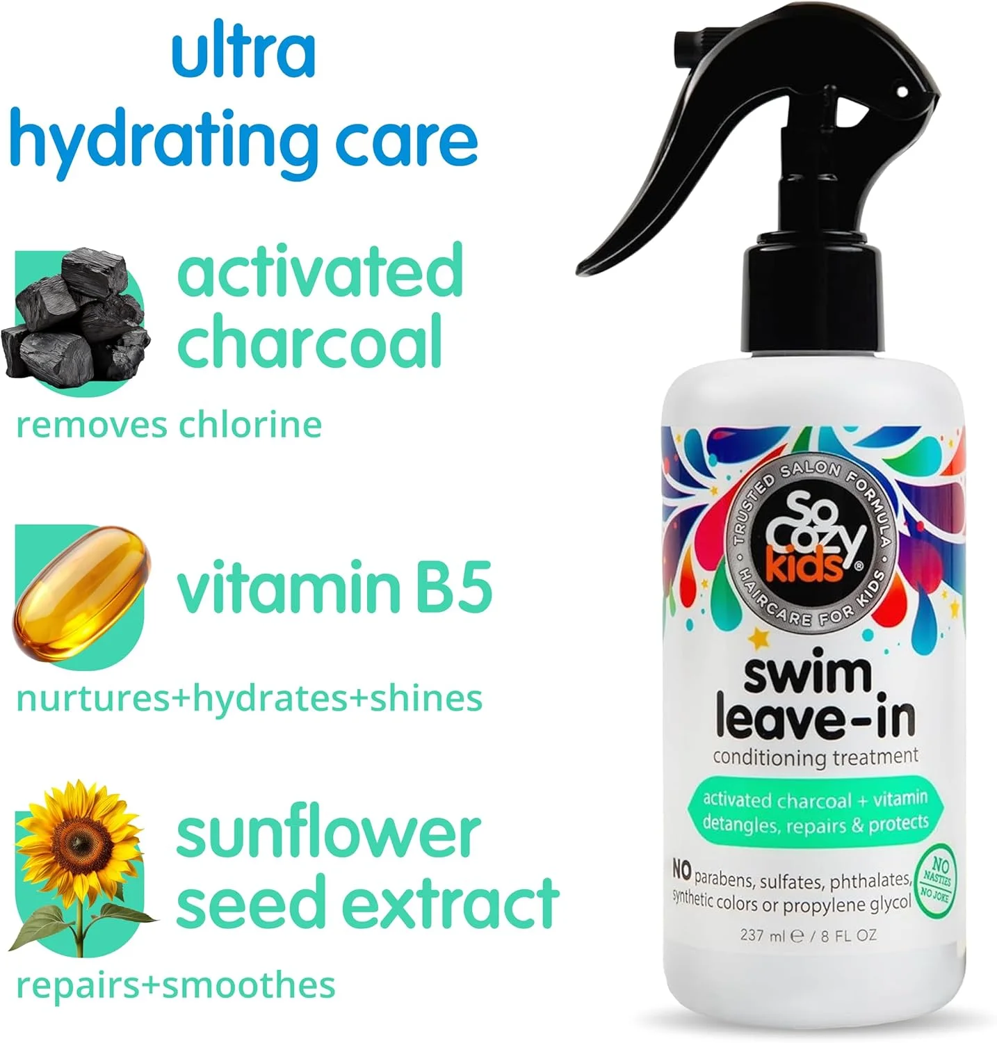 نرم کننده و درمان مو بعد از شنا سو کوزی حاوی زغال فعال، محافظت و ترمیم کننده موهای آسیب دیده ناشی از مواد شیمیایی استخر، آب شور و آفتاب، رایحه لیمو، 236 میلی لیتر، سفید، شنا (توقف تولید)