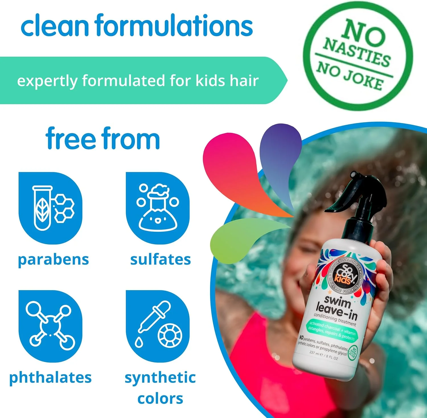 نرم کننده و درمان مو بعد از شنا سو کوزی حاوی زغال فعال، محافظت و ترمیم کننده موهای آسیب دیده ناشی از مواد شیمیایی استخر، آب شور و آفتاب، رایحه لیمو، 236 میلی لیتر، سفید، شنا (توقف تولید)