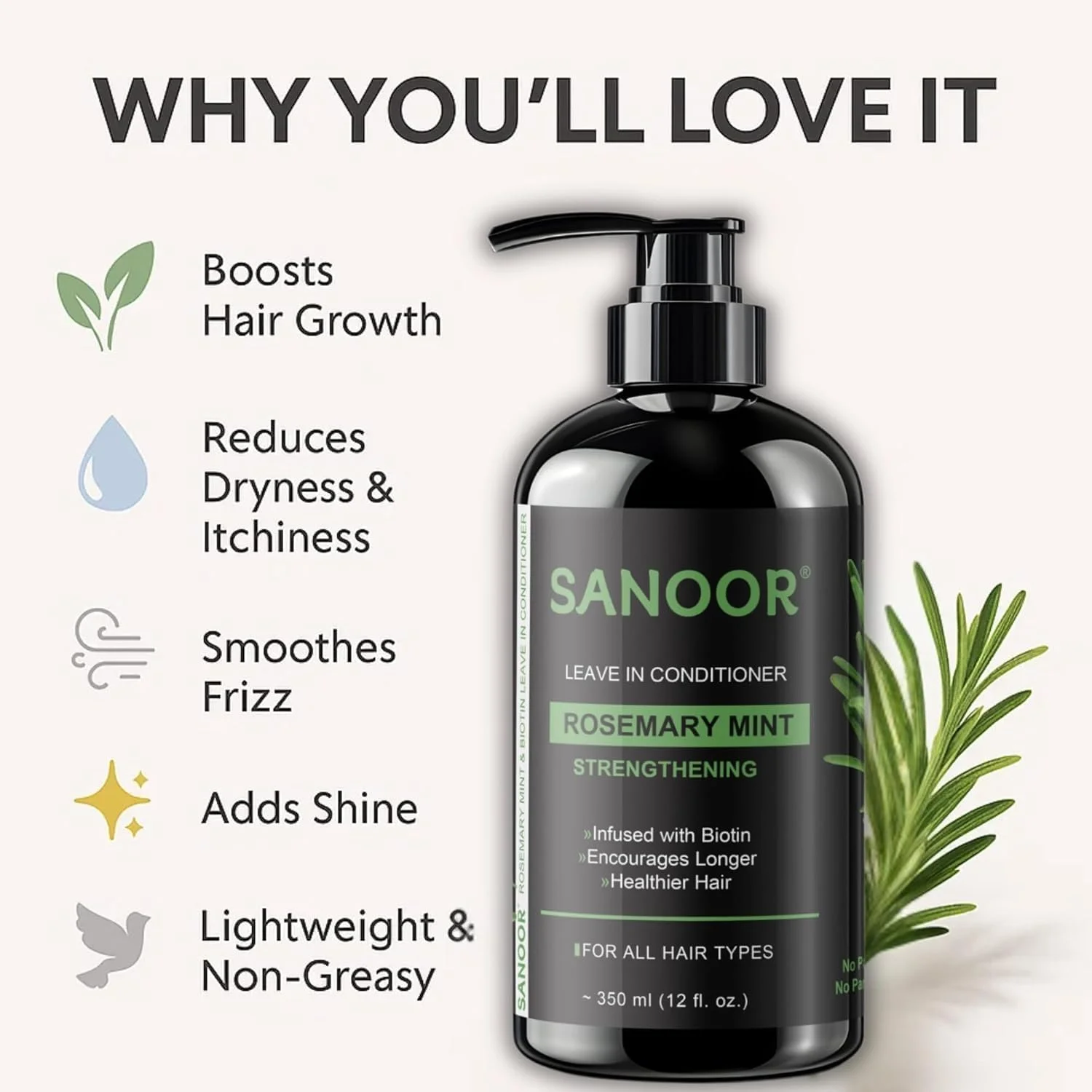 نرم کننده موی سر بدون نیاز به آبکشی رزماری و نعناع SANOOR برای کنترل وز، ترمیم مو و محافظت در برابر حرارت | نرم کننده مرطوب کننده و باز کننده گره مو بدون سولفات برای موهای خشک، فر، آسیب دیده یا رنگ شده نرم کننده موی سر بدون نیاز به آبکشی رزماری و نعناع SANOOR برای کنترل وز، ترمیم مو و محافظت در برابر حرارت | نرم کننده مرطوب کننده و باز کننده گره مو بدون سولفات برای موهای خشک، فر، آسیب دیده یا رنگ شده