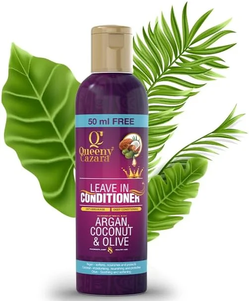 کوئینی کازرا - آرگان نارگیل و زیتون (ترکیب قدرت سه گانه) - نرم کننده مو بدون نیاز به آبکشی 250 میلی لیتر / 8.45 اونس (50 میلی لیتر رایگان) - برای موهای صاف، براق و سالم.