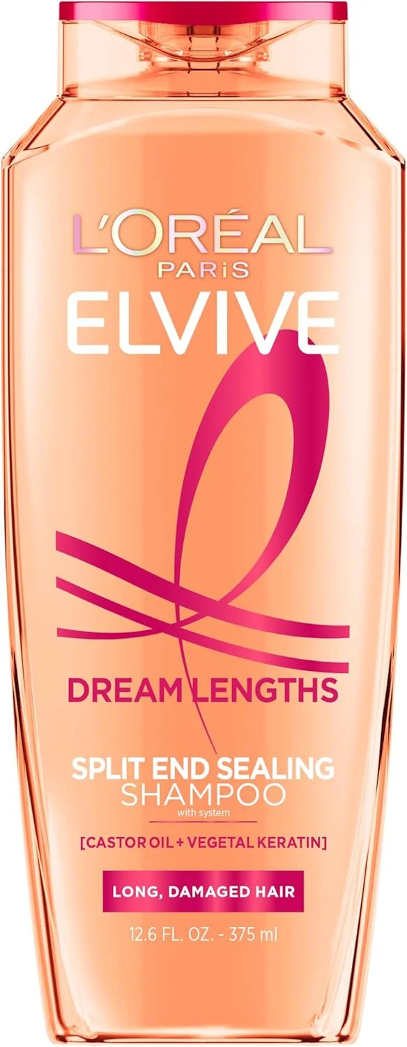 شامپو ترمیم کننده موهای بلند لورآل پاریس Elvive Dream Lengths حاوی روغن کرچک و ویتامین های B3 و B5 برای موهای بلند و آسیب دیده، به طور مشهود آسیب را بدون سنگین کردن مو ترمیم می کند، 375 میلی لیتر