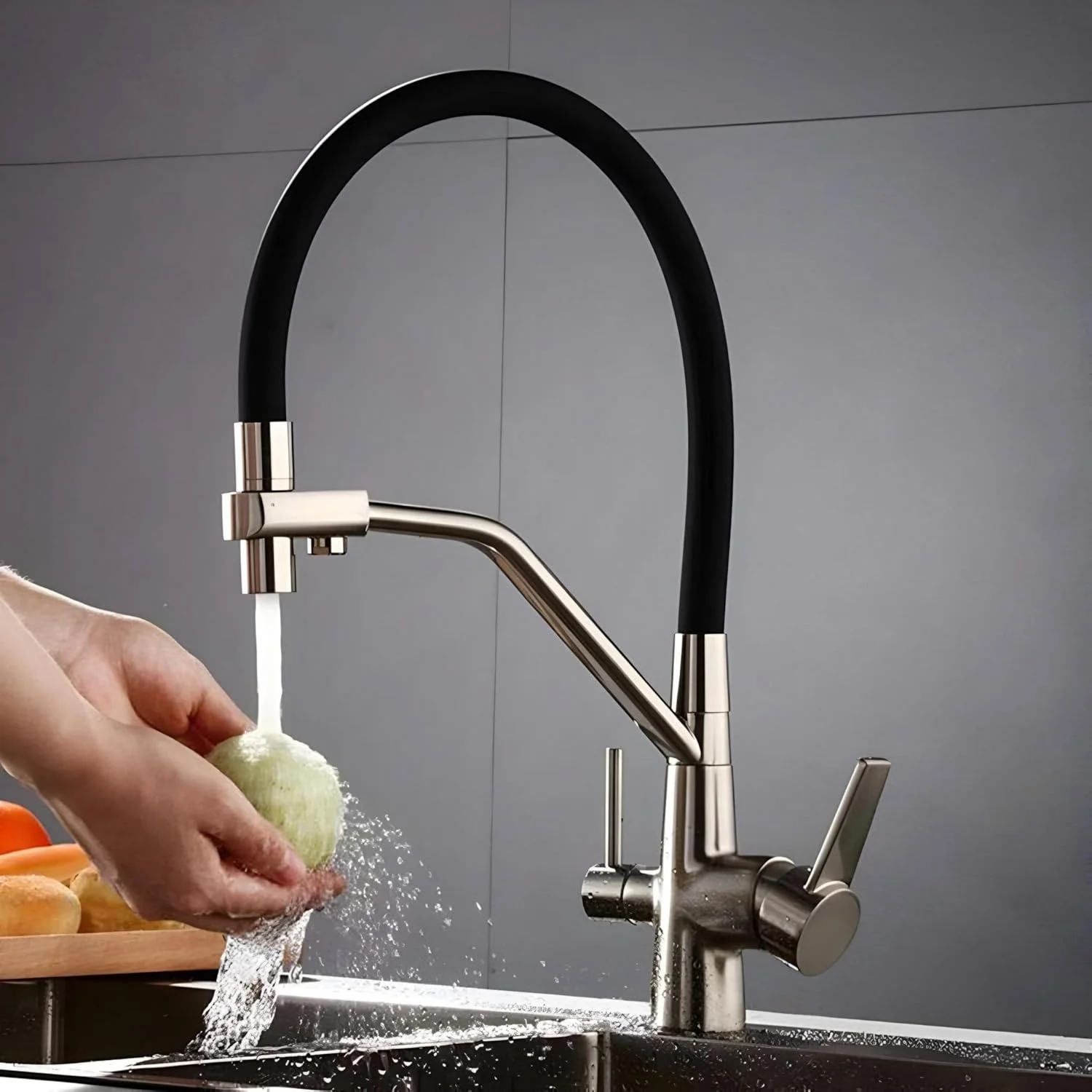 شیر آشپزخانه چرخان 360 درجه برنجی NXUS، شیر آب تصفیه آب 3 طرفه، آب گرم و سرد، نیکل برس خورده شیر آشپزخانه چرخان 360 درجه برنجی NXUS، شیر آب تصفیه آب 3 طرفه، آب گرم و سرد، نیکل برس خورده