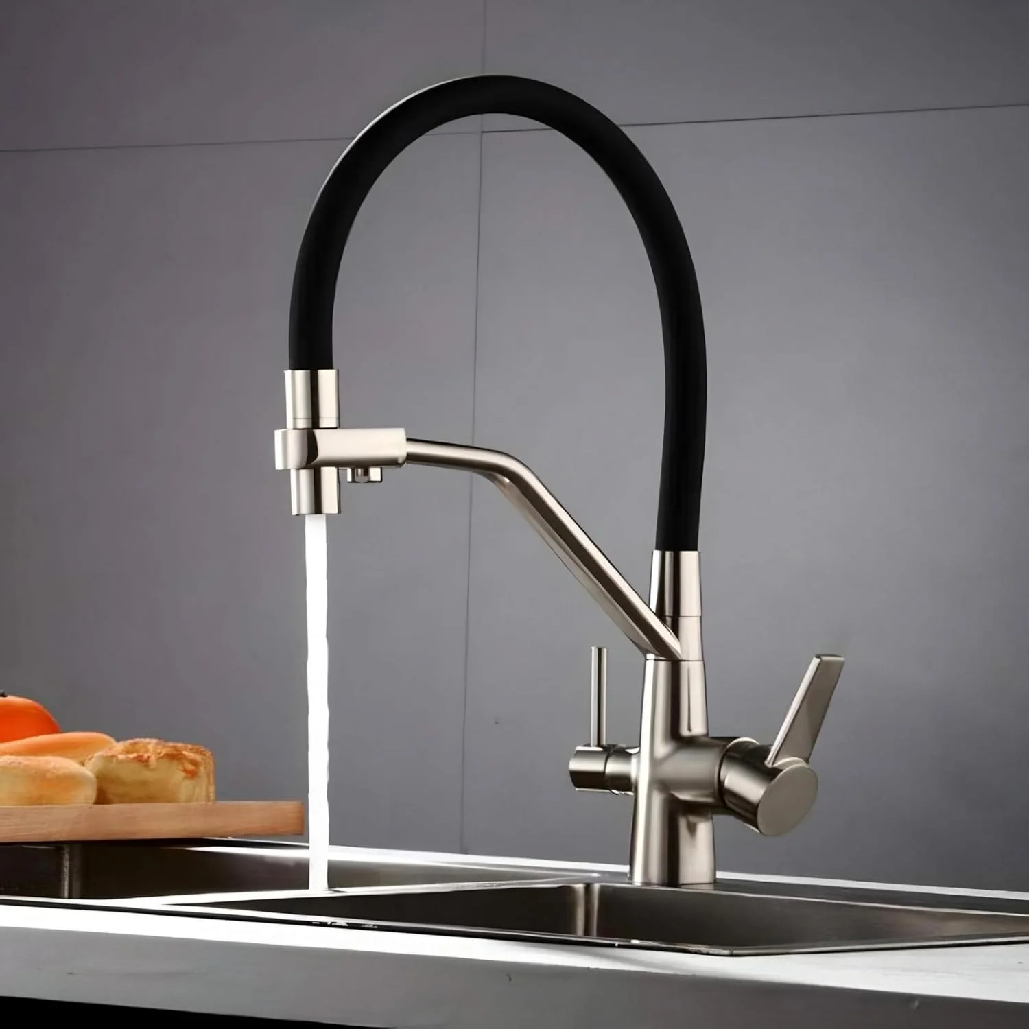 شیر آشپزخانه چرخان 360 درجه برنجی NXUS، شیر آب تصفیه آب 3 طرفه، آب گرم و سرد، نیکل برس خورده شیر آشپزخانه چرخان 360 درجه برنجی NXUS، شیر آب تصفیه آب 3 طرفه، آب گرم و سرد، نیکل برس خورده