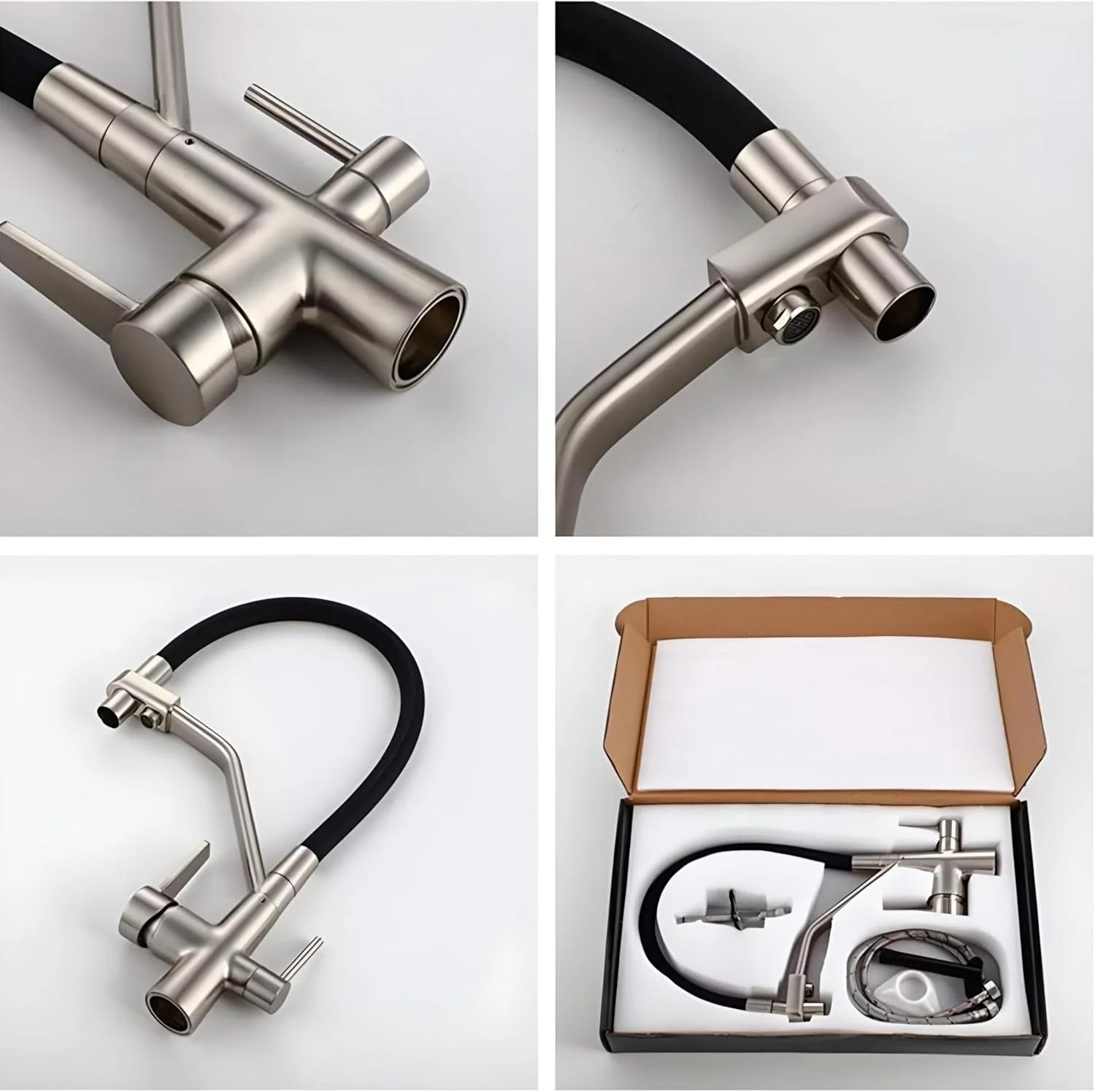 شیر آشپزخانه چرخان 360 درجه برنجی NXUS، شیر آب تصفیه آب 3 طرفه، آب گرم و سرد، نیکل برس خورده شیر آشپزخانه چرخان 360 درجه برنجی NXUS، شیر آب تصفیه آب 3 طرفه، آب گرم و سرد، نیکل برس خورده