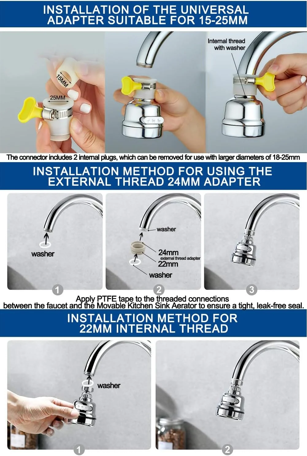 سردوش متحرک شیر آشپزخانه، بسته 2 عددی - جایگزین سر شیر آب با قابلیت چرخش 360 درجه برای حمام، نازل شیر آب ضد پاشش با 3 حالت، سازگار با اتصالات رزوه ای 15-25 میلی متر سردوش متحرک شیر آشپزخانه، بسته 2 عددی - جایگزین سر شیر آب با قابلیت چرخش 360 درجه برای حمام، نازل شیر آب ضد پاشش با 3 حالت، سازگار با اتصالات رزوه ای 15-25 میلی متر