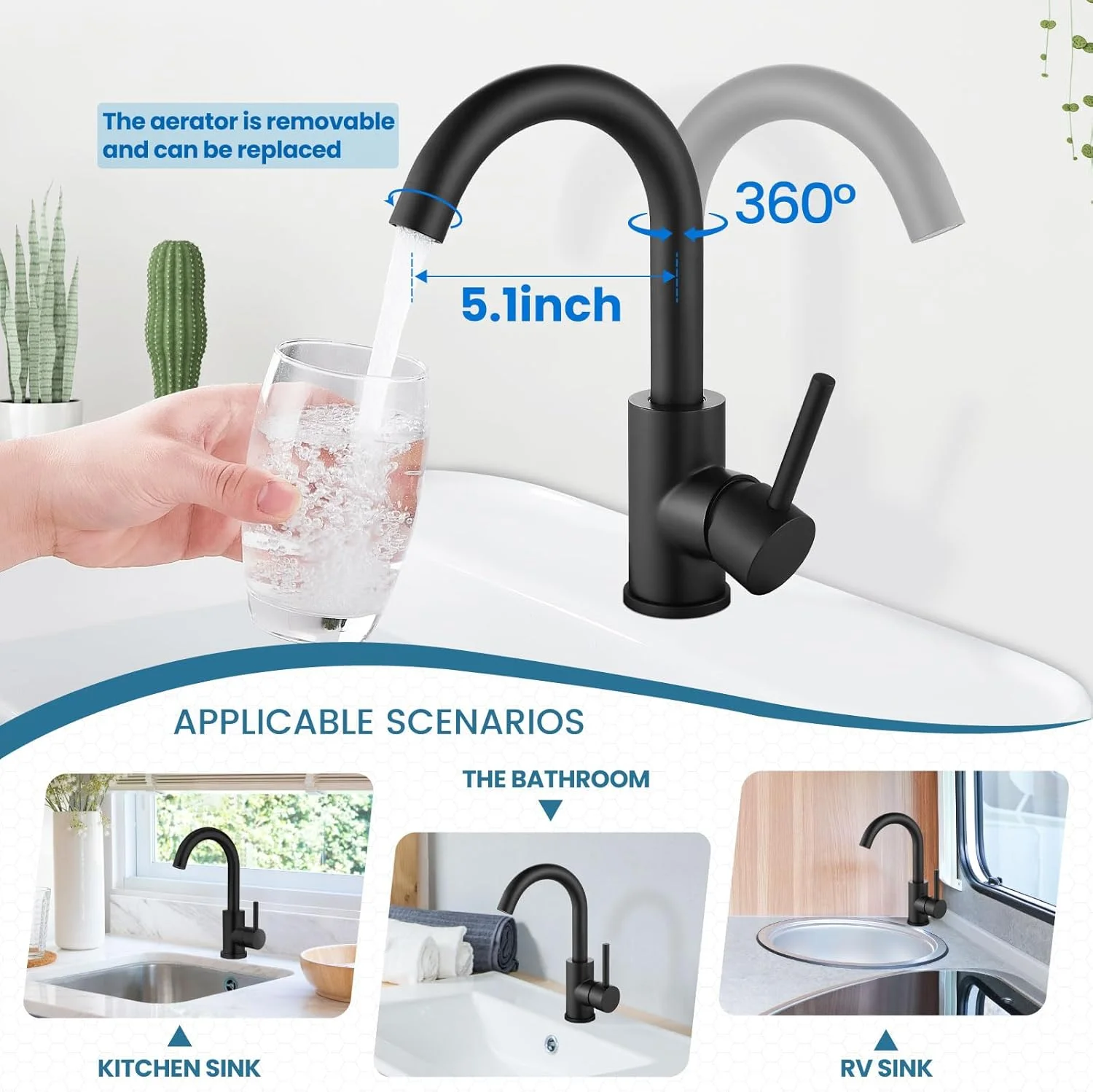 شیر سینک ظرفشویی Airuida، تک سوراخ، تک دستگیره، شیر سینک حمام، شیر کوچک آماده سازی آشپزخانه، مناسب خانه های روستایی، کاروان و روشویی، دارای خروجی چرخان 360 درجه، بدون تخلیه پاپ آپ، مشکی مات