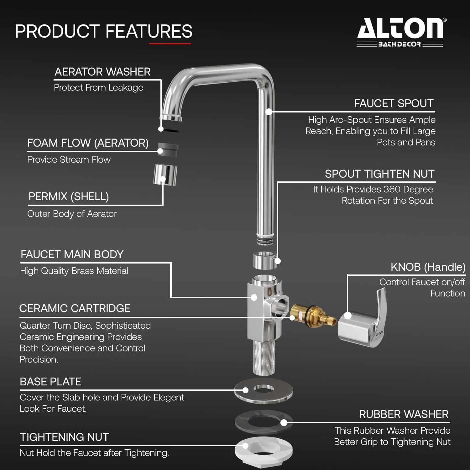 ALTON QBA9055-UM، شیر گردن غازی با خروجی چرخان 360 درجه | شیر سینک ظرفشویی | شیر آشپزخانه | شیر برای سینک ظرفشویی | شیرآلات | شیر روشویی | شیر پایه دار