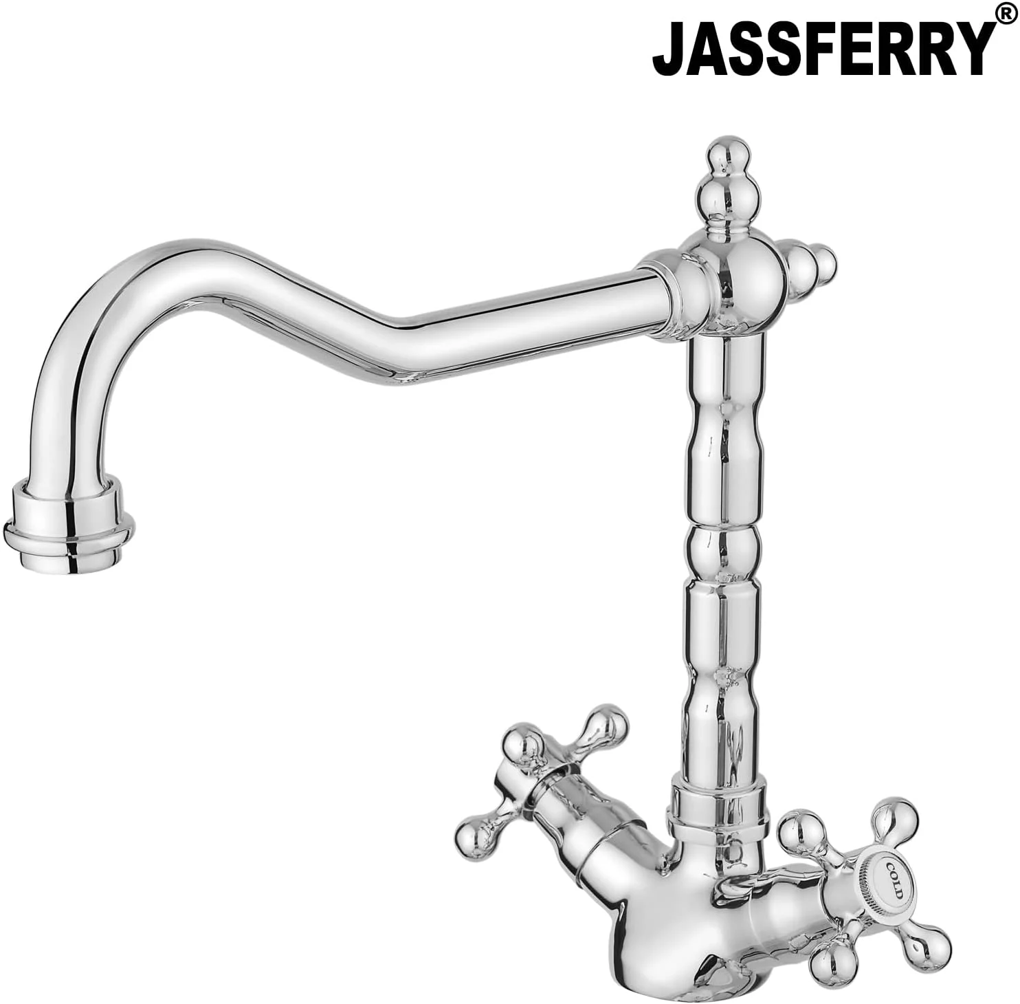 شیر آشپزخانه تک اهرمی برنجی JASSFERRY با طراحی قدیمی فرانسوی، دسته های صلیبی سنتی و علم گردان، پرداخت کروم شیر آشپزخانه تک اهرمی برنجی JASSFERRY با طراحی قدیمی فرانسوی، دسته های صلیبی سنتی و علم گردان، پرداخت کروم