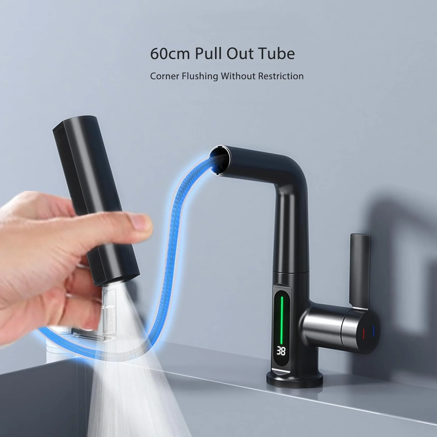 شیر آب حمام Tuwei، شیر آب آبشاری تک دسته با نمایشگر دما، شیر روشویی چرخشی، شیر مخلوط آب گرم و سرد بالابر، مناسب برای آشپزخانه، RV، حمام - مشکی شیر آب حمام Tuwei، شیر آب آبشاری تک دسته با نمایشگر دما، شیر روشویی چرخشی، شیر مخلوط آب گرم و سرد بالابر، مناسب برای آشپزخانه، RV، حمام - مشکی